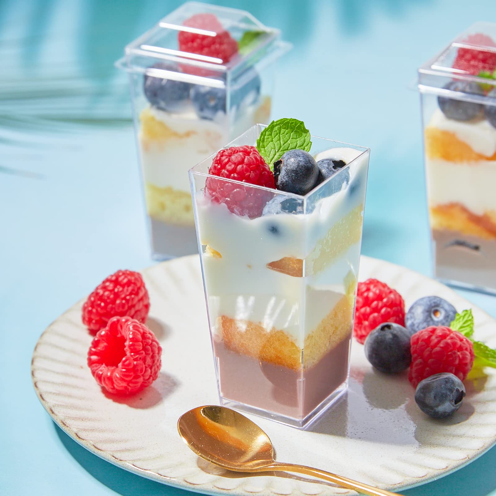 Zezzxu 50-Pack 3 oz Mini Plastic Dessert Cups with Lids & Spoons - Square Shooter Glasses for Appetizers, Parfaits, Mousse, Trifle, Fruit Pudding | Perfect for Parties, Catering & Home Dessert Serving