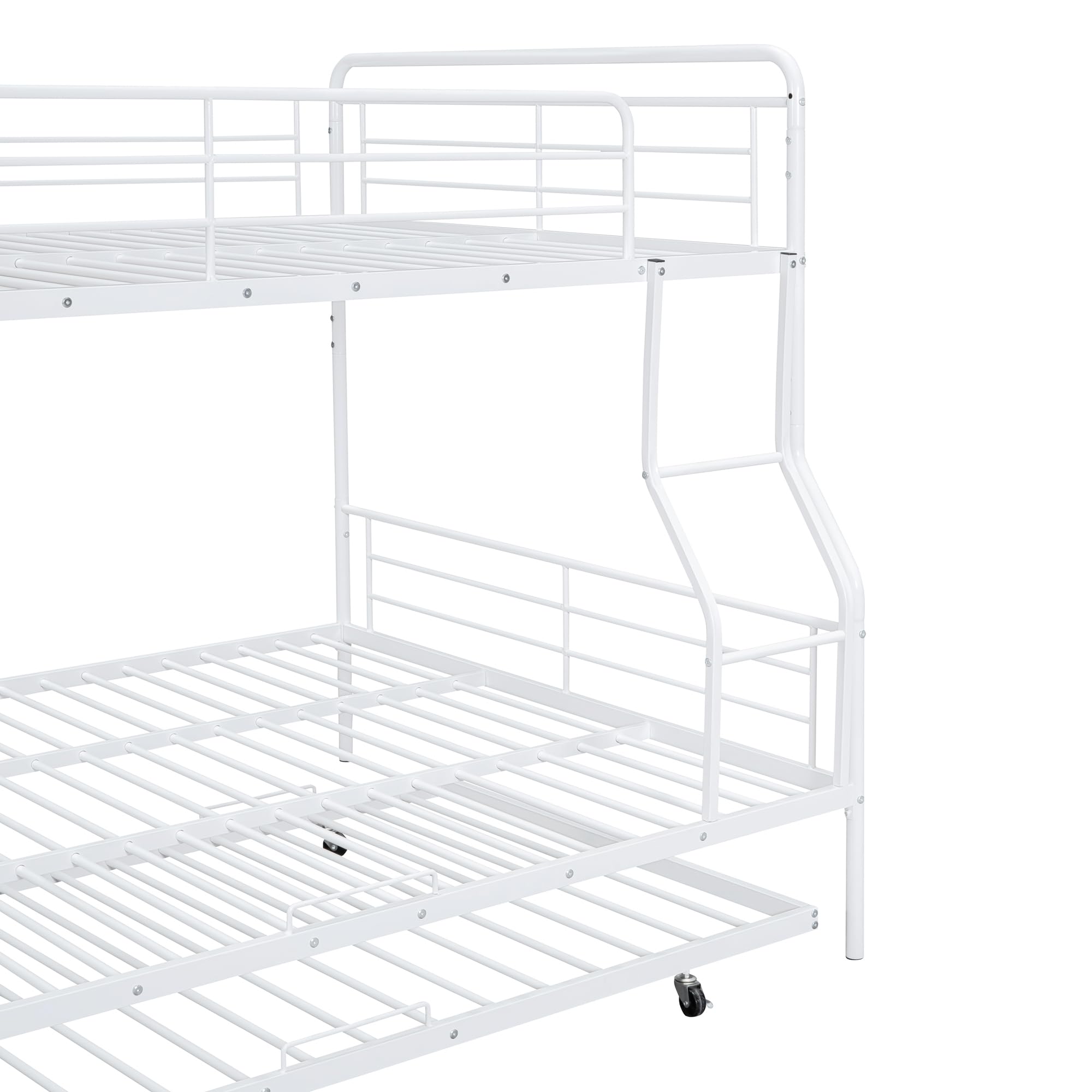 Merax Full XL Over Queen Metal Bunk Bed Frame with Twin Size Trundle & Full-Length Guardrails - Sturdy Space-Saving Bunk Bed for Teens, Kids, Boys & Girls - Perfect for Dorms, Guest Rooms & Small Bedrooms (White)