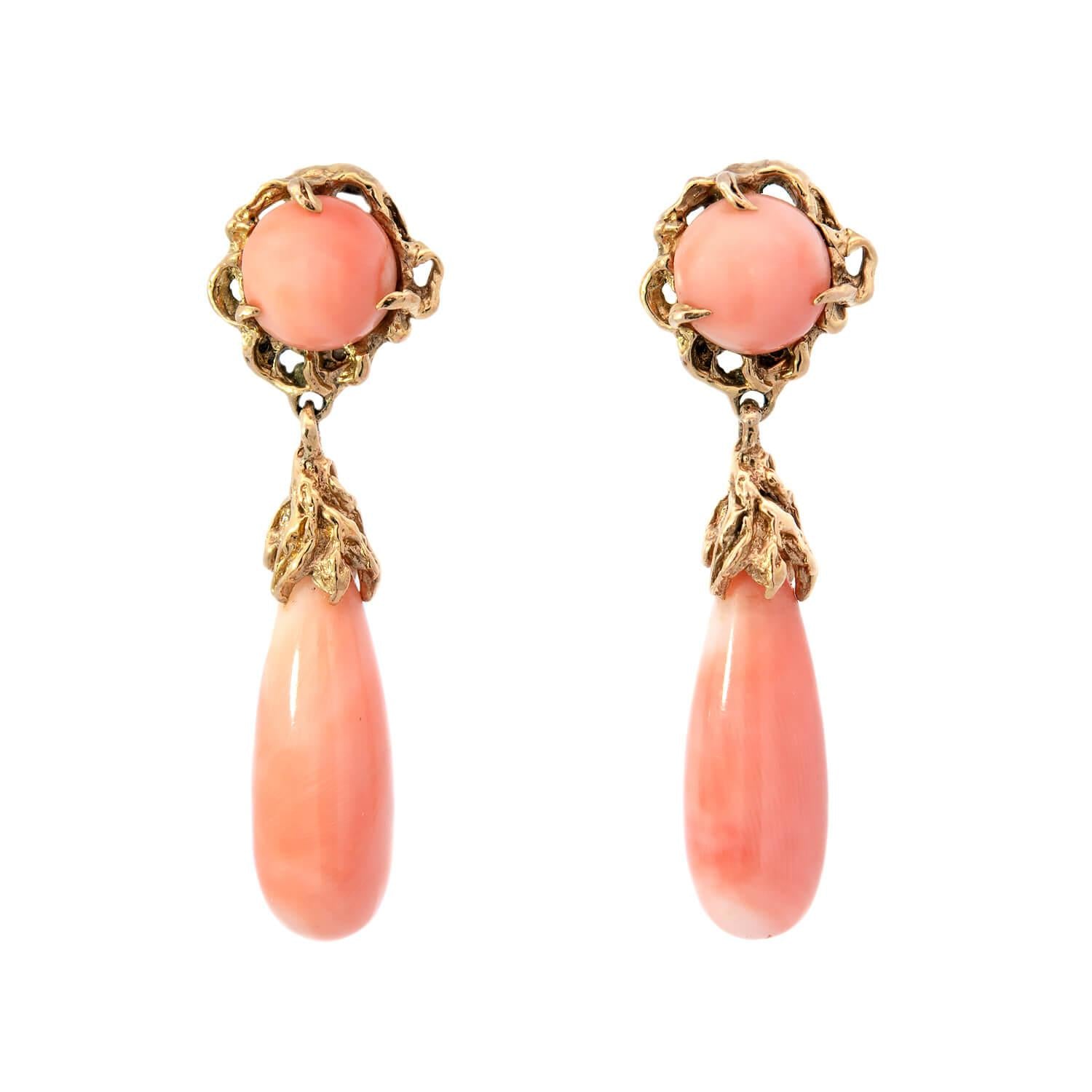 Victorian Style 14k Gold Coral Drop Earrings – Elegant Dangle Earrings for Women, Perfect for Weddings, Parties & Special Occasions