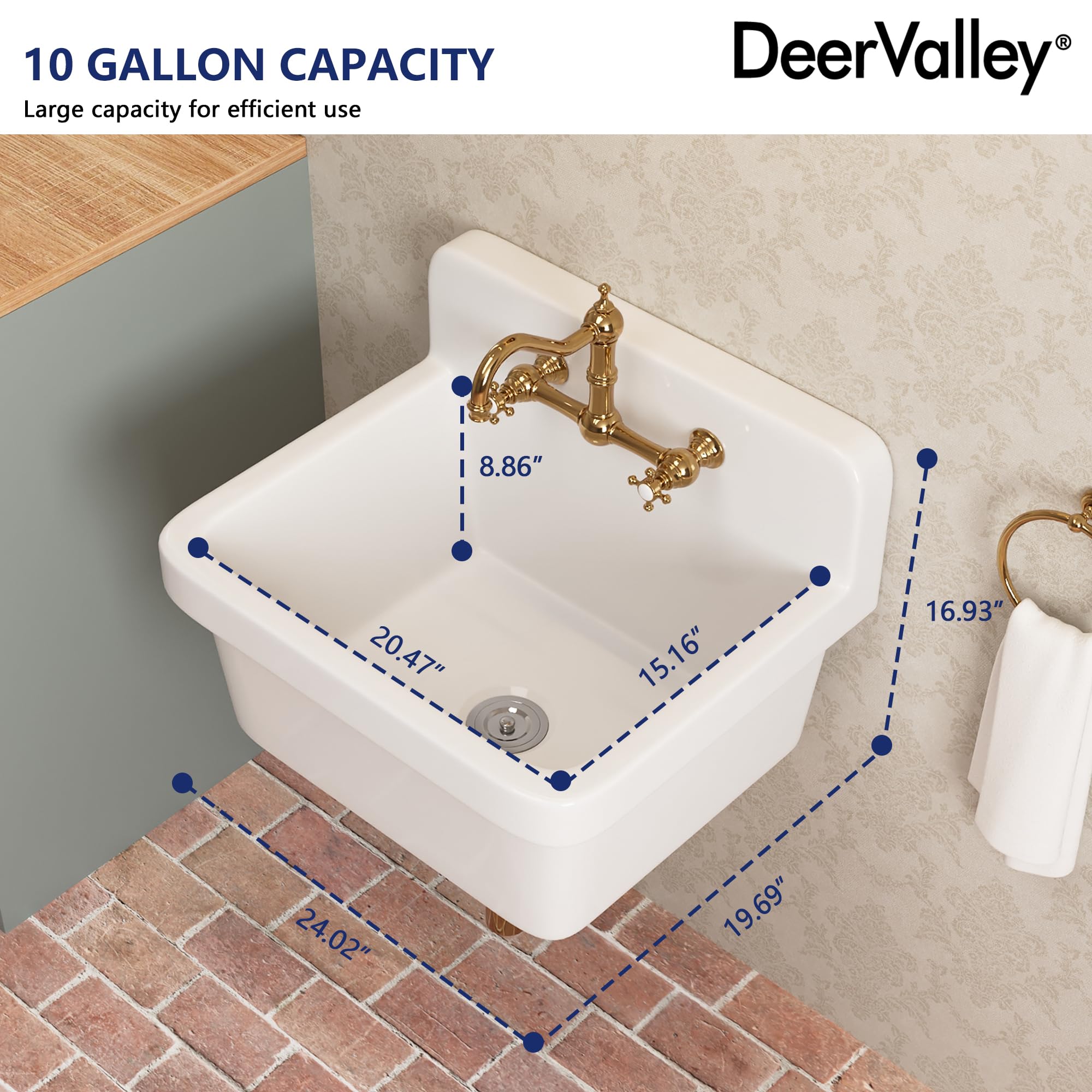 DeerValley DV-1K0137 24 Inch White Fireclay Wall Mounted Kitchen Sink - Durable Ceramic Utility Sink for Laundry Room, Bathroom & Basement | Perfect for Small Spaces & Heavy-Duty Cleaning