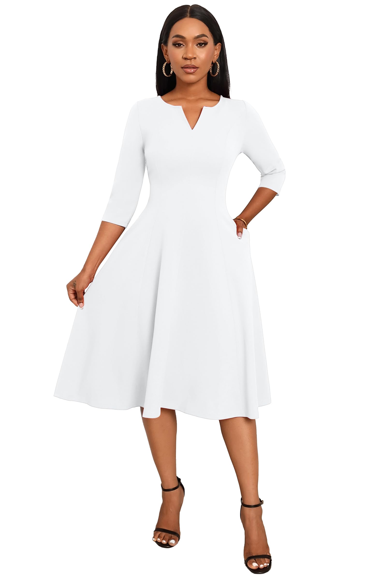 Nmoder Women's A-Line Fit and Flare Midi Dress with 3/4 Sleeves & V-Neck - Elegant Cocktail, Wedding Guest, and Work Dress with Pockets | Perfect for Office, Parties, and Special Occasions