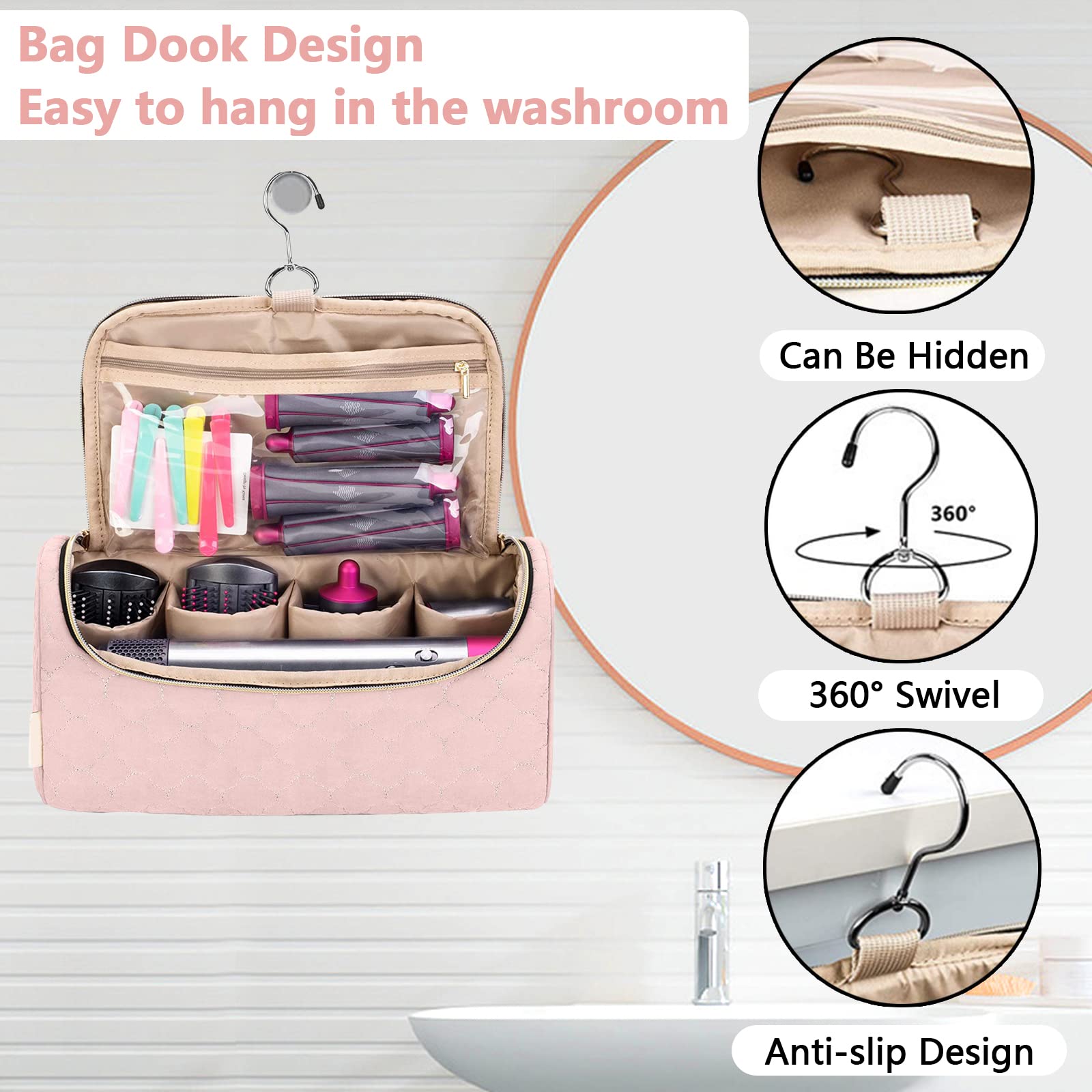 Dyson Airwrap Travel Storage Bag - Compatible with Airwrap Hair Styler & All Attachments, Pink Organizer Case with Hanging Hook & 4 Clips | Perfect for Travel, Home Storage & Salon Use