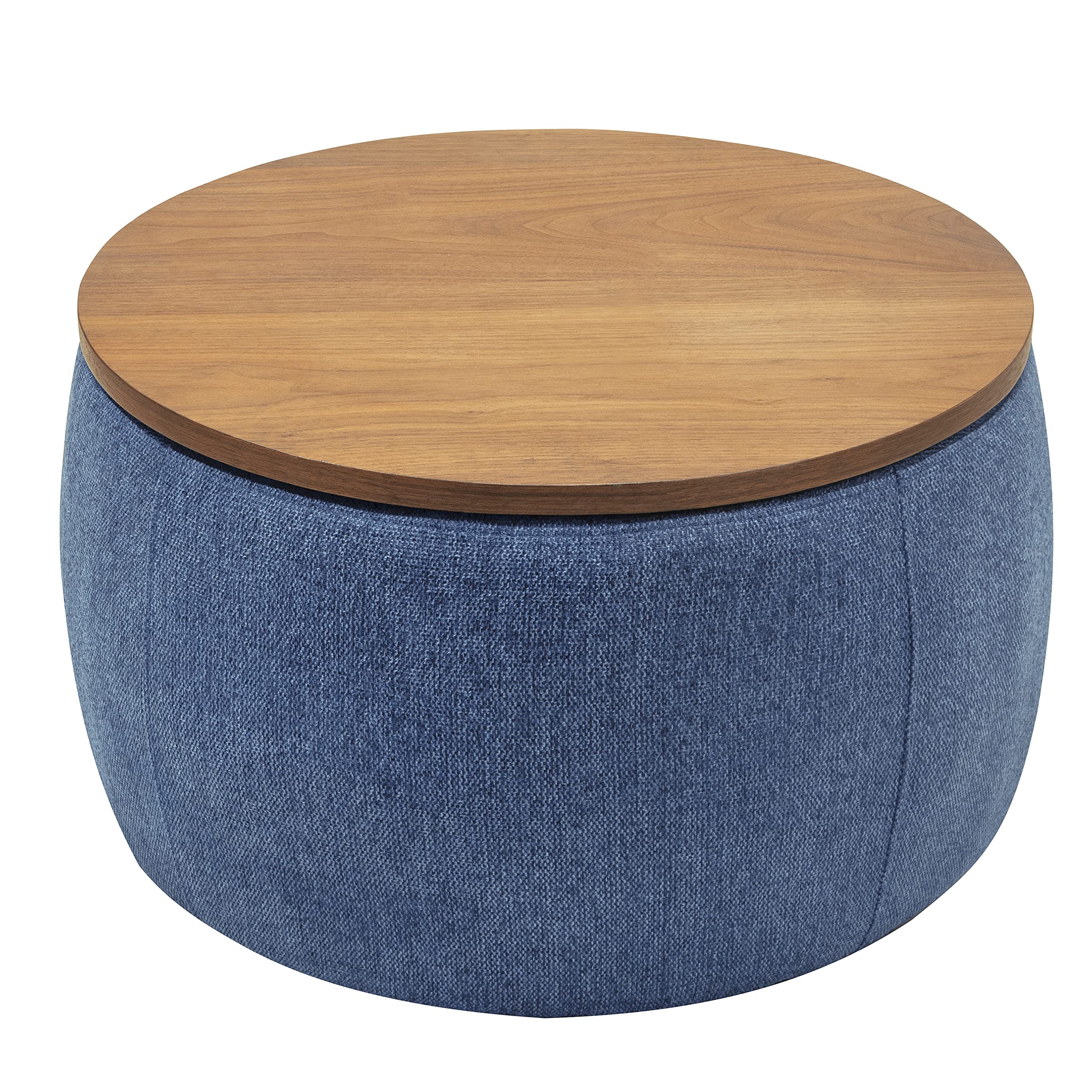 Modern Round Storage Ottoman with Wooden Lid - Handmade Circle Ottoman Coffee Table, End Table & Footstool for Living Room, Bedroom, Office - Navy Blue Fabric Storage Bench for Shoes, Blankets & Home Decor