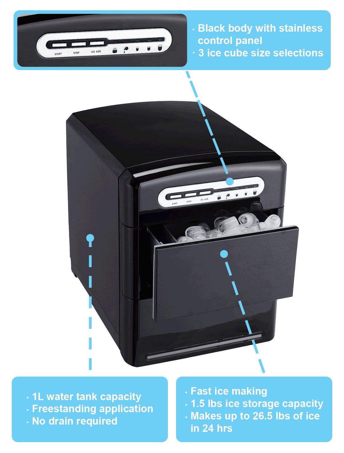 Sunpentown Portable Ice Maker Machine - Countertop, Compact & Fast Ice Making for Home, Office, Party - Black (Perfect for Cocktails, Beverages, Outdoor Events)