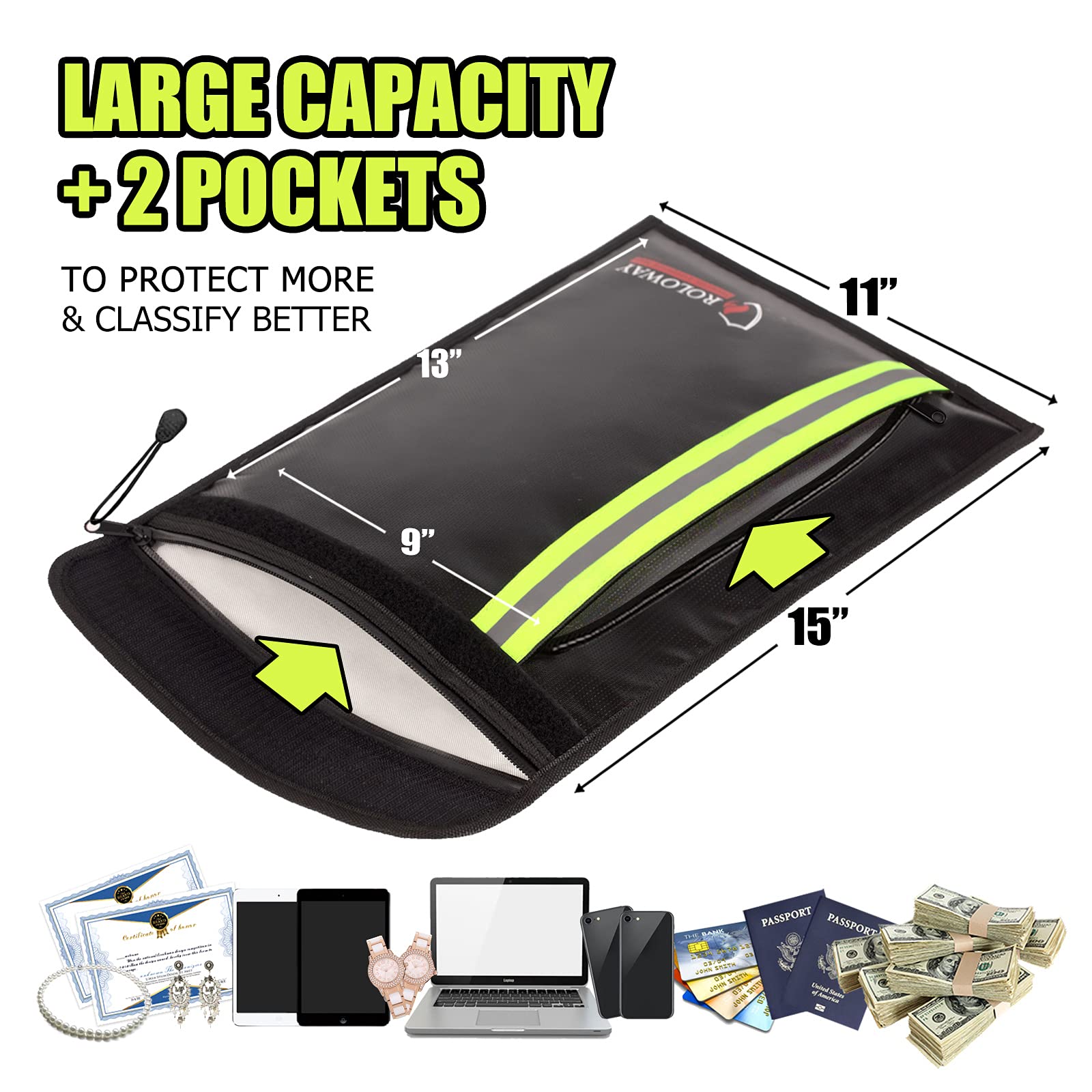 Fireproof Document Bag with 2 Pockets - Large Fireproof Money Bag Set (Black & Silver) | Waterproof & Heat Resistant for Important Documents, Cash, Passports | Home, Office & Travel Safety Storage Solution