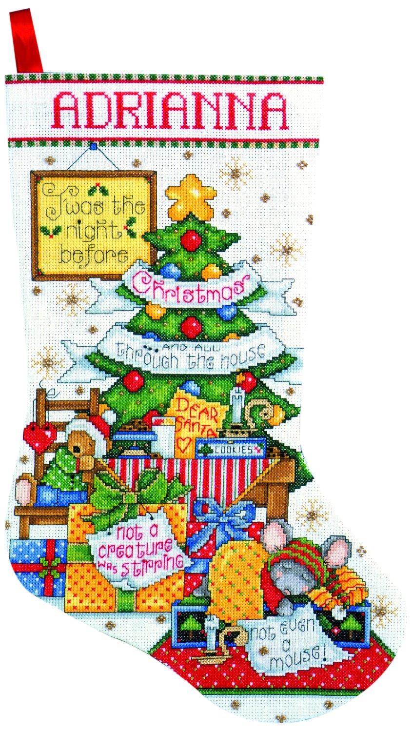 Design Works Crafts Sleepy Mouse Counted Cross Stitch Stocking Kit - Multi-Color DIY Embroidery Set with Pest Repeller v.323 - Perfect for Christmas Decorations & Handmade Gift Ideas