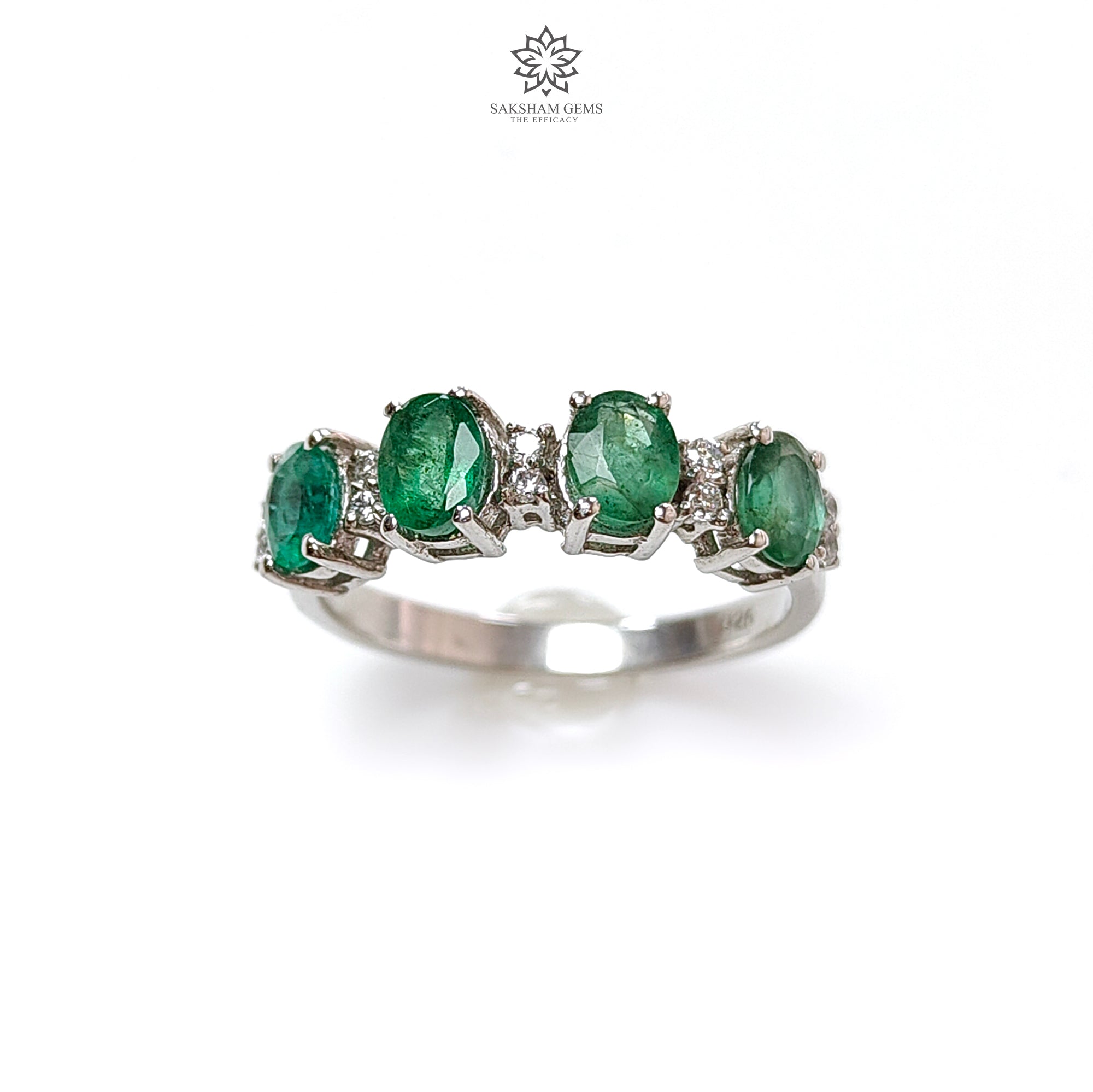Natural Untreated Emerald Oval Faceted Cut 925 Sterling Silver Ring with CZ Prongs - Size 7.5 US (2.59g) | Elegant Jewelry for Women, Perfect Gift for Anniversary, Birthday & Special Occasions