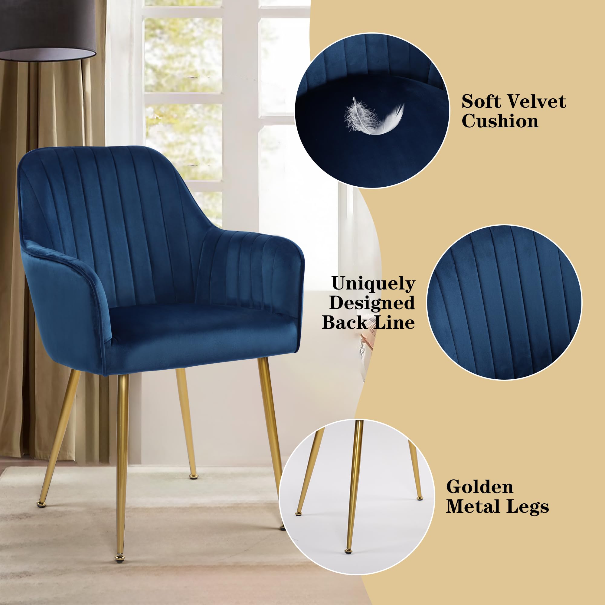 Luxury Velvet Dining Chairs Set of 4 - Modern Upholstered Accent Chairs with Gold Metal Legs for Living Room, Bedroom & Office - Soft Blue Fabric Seating for Home Decor & Entertaining