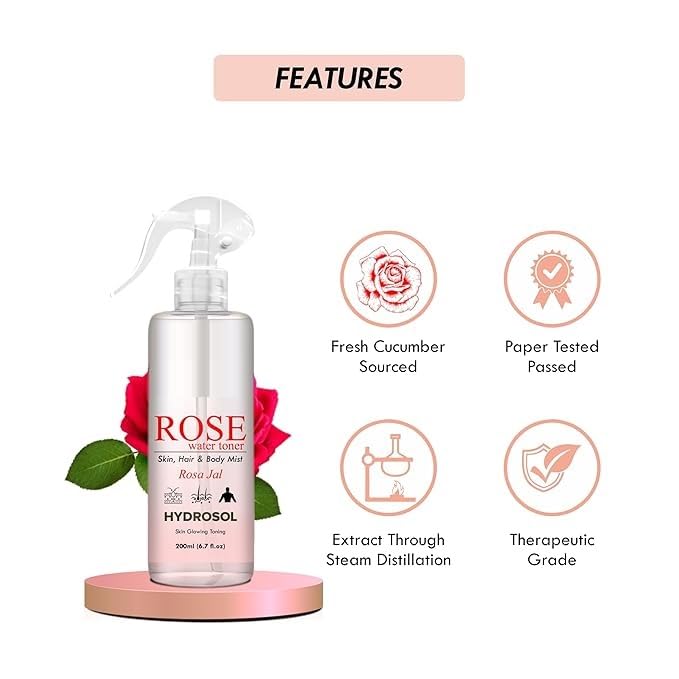 Organic Rose Water Toner 200ml - Hydrating Facial Mist for Dry & Sensitive Skin | Natural Skincare for Glowing Complexion | Perfect for Daily Use, After Sun Care & Makeup Setting