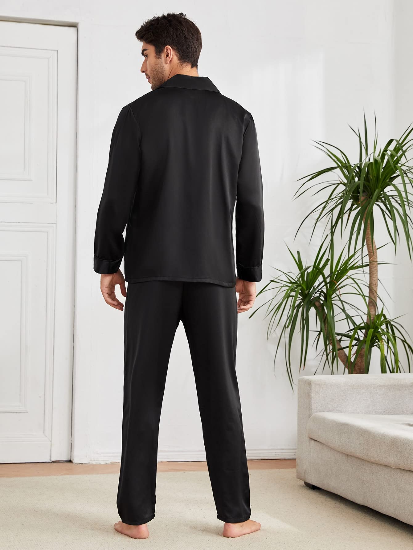 WDIRARA Men's Satin Pajama Set - 2 Piece Button Up Shirt & Pants Sleepwear for Comfortable Lounge Wear - Perfect for Relaxing at Home, Nighttime Sleep & Cozy Weekends