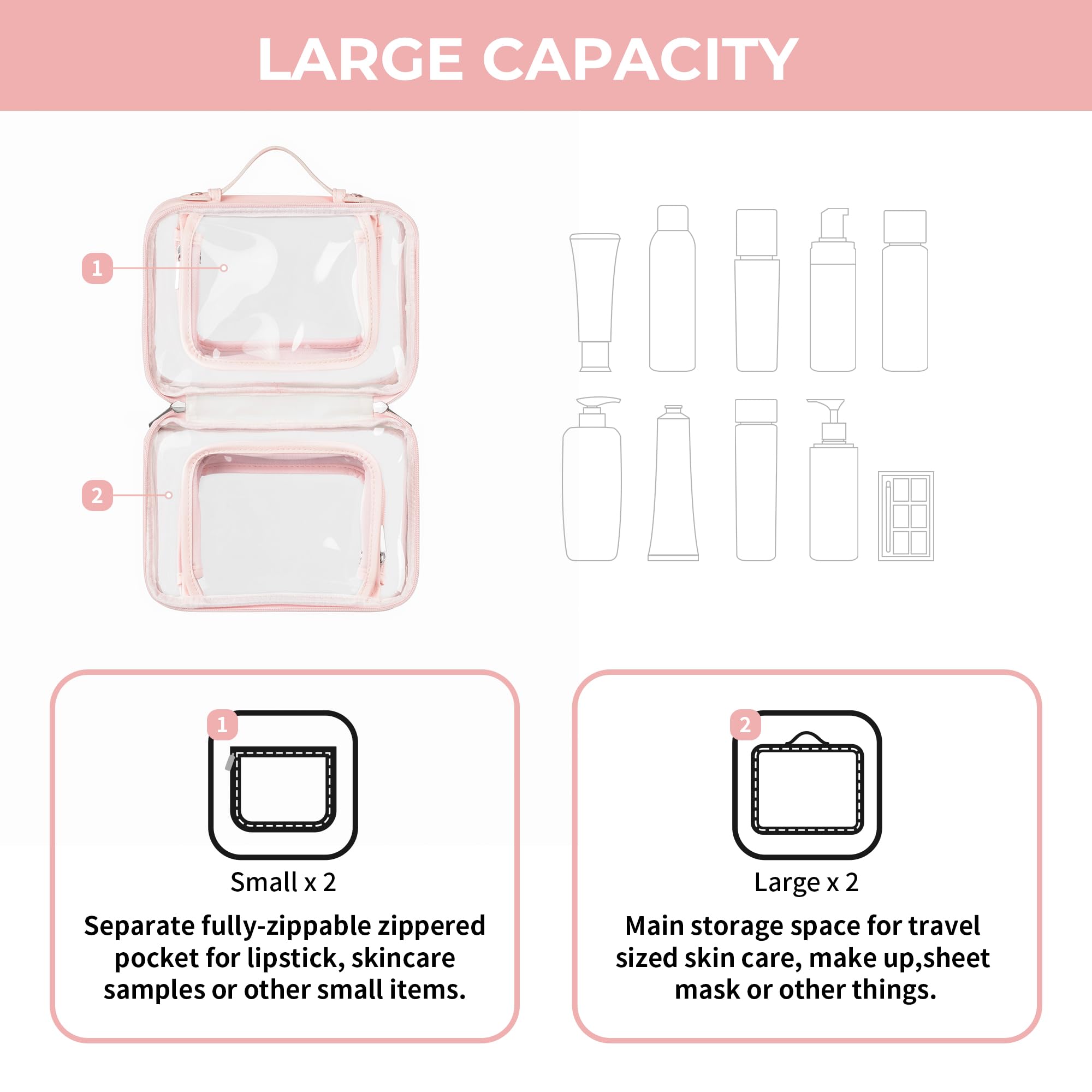 TSA Approved Clear Toiletry Bag for Women - Waterproof PVC Travel Cosmetic Organizer with Leather Accents (Pink) | Perfect for Air Travel, Gym & Weekend Getaways