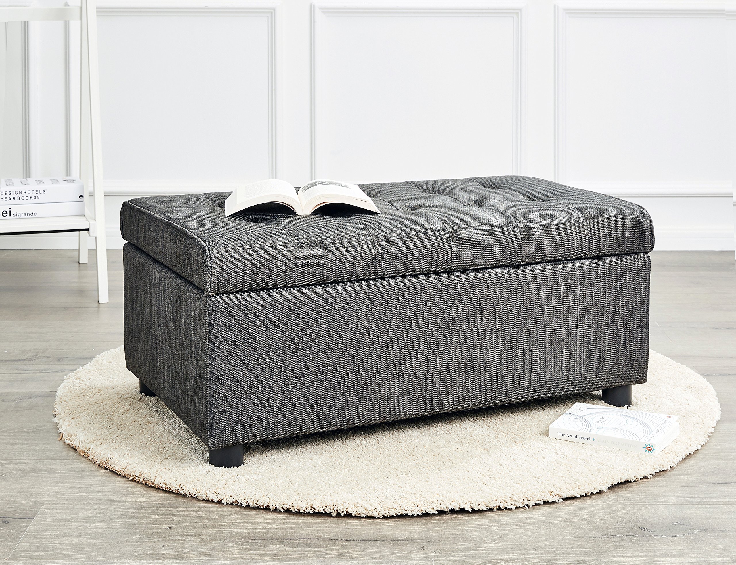FIRST HILL FHW Arlos Rectangular Fabric Storage Ottoman with Tufted Design - Shadow Gray | Multi-Functional Footrest, Hidden Storage Bench | Perfect for Living Room, Bedroom, and Home Decor