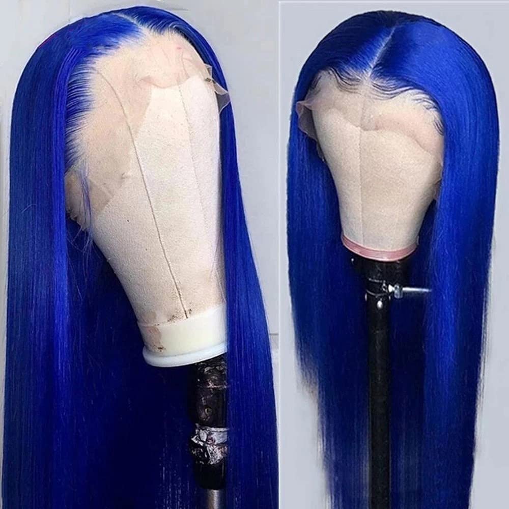 13x4 Lace Front Wig Brazilian Remy Human Hair - Blue Silky Straight 150% Density Pre Plucked Glueless Wig with Natural Hairline for Women (20 Inch) | Perfect for Cosplay, Daily Wear & Special Occasions