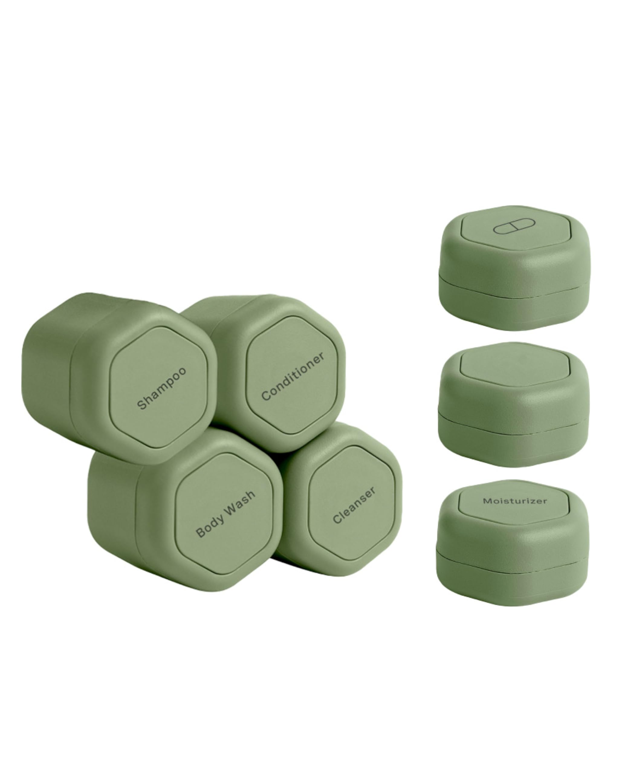 Cadence Magnetic Travel Containers Set - 4 Medium (1.32oz) & 3 Small (0.56oz) Leakproof Capsules for Shampoo, Conditioner, Body Wash, Pills - Daily Routine & Travel Essentials - Perfect for Gym, Vacation, Camping & Business Trips - Eucalyptus Scented