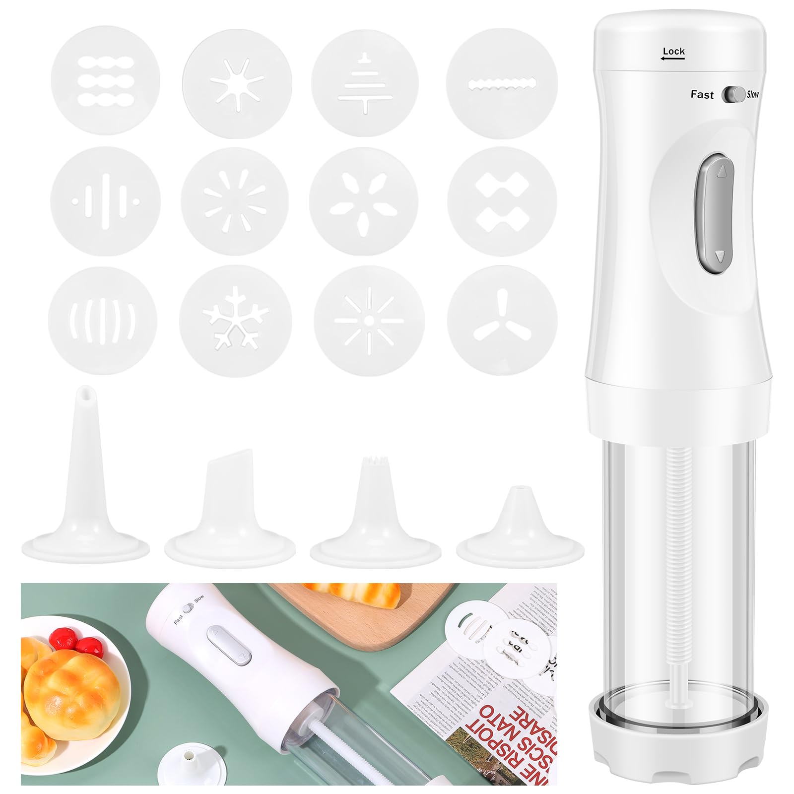 Electric Cookie Press Kit - 12 Cookie Discs & 4 Icing Nozzles for Baking, Decorating Homemade Cookies | Detachable White Transparent Design | Perfect for Holiday Baking, Birthday Parties & DIY Cookie Decorating