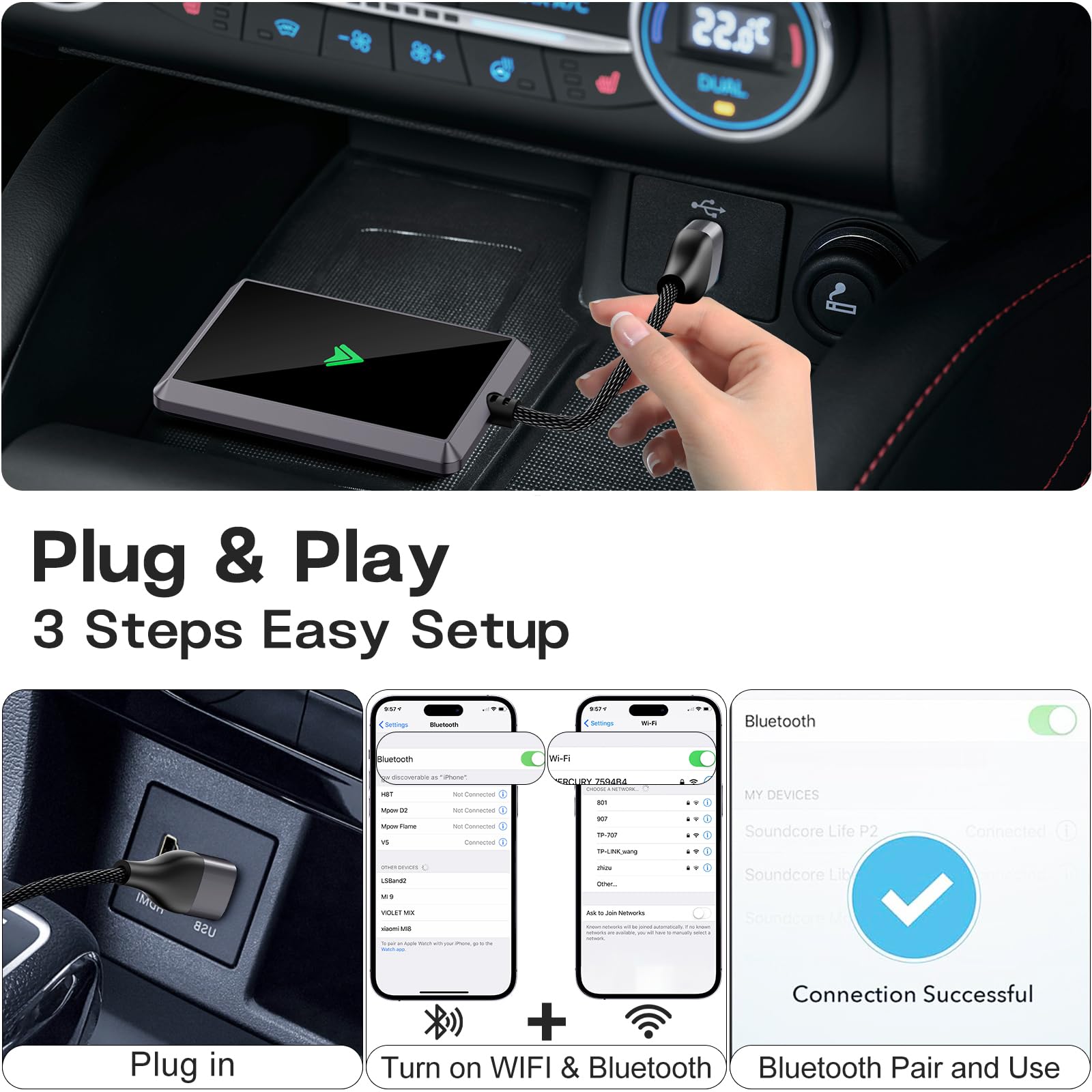 AOGUERBE Wireless Android Auto Adapter - Convert Wired to Wireless CarPlay for Android 11+ & Cars 2017+ | Plug & Play USB Dongle | Seamless Music/Navigation (Gray) - Perfect for Commuting & Road Trips