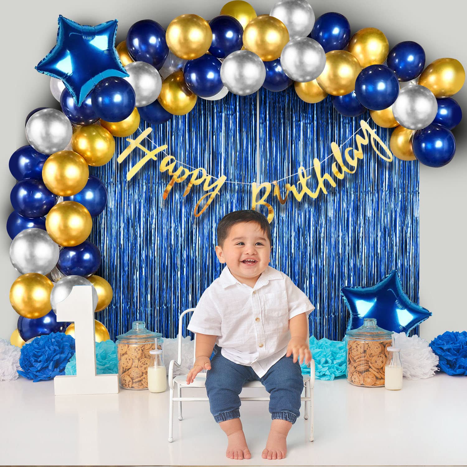 41 Pcs Boys Birthday Party Decorations Kit - Golden Foil Banner, Blue Foil Curtain, Star Balloons for Kids Birthday Celebration | Perfect for Indoor Party, Baby Shower & Birthday Backdrop