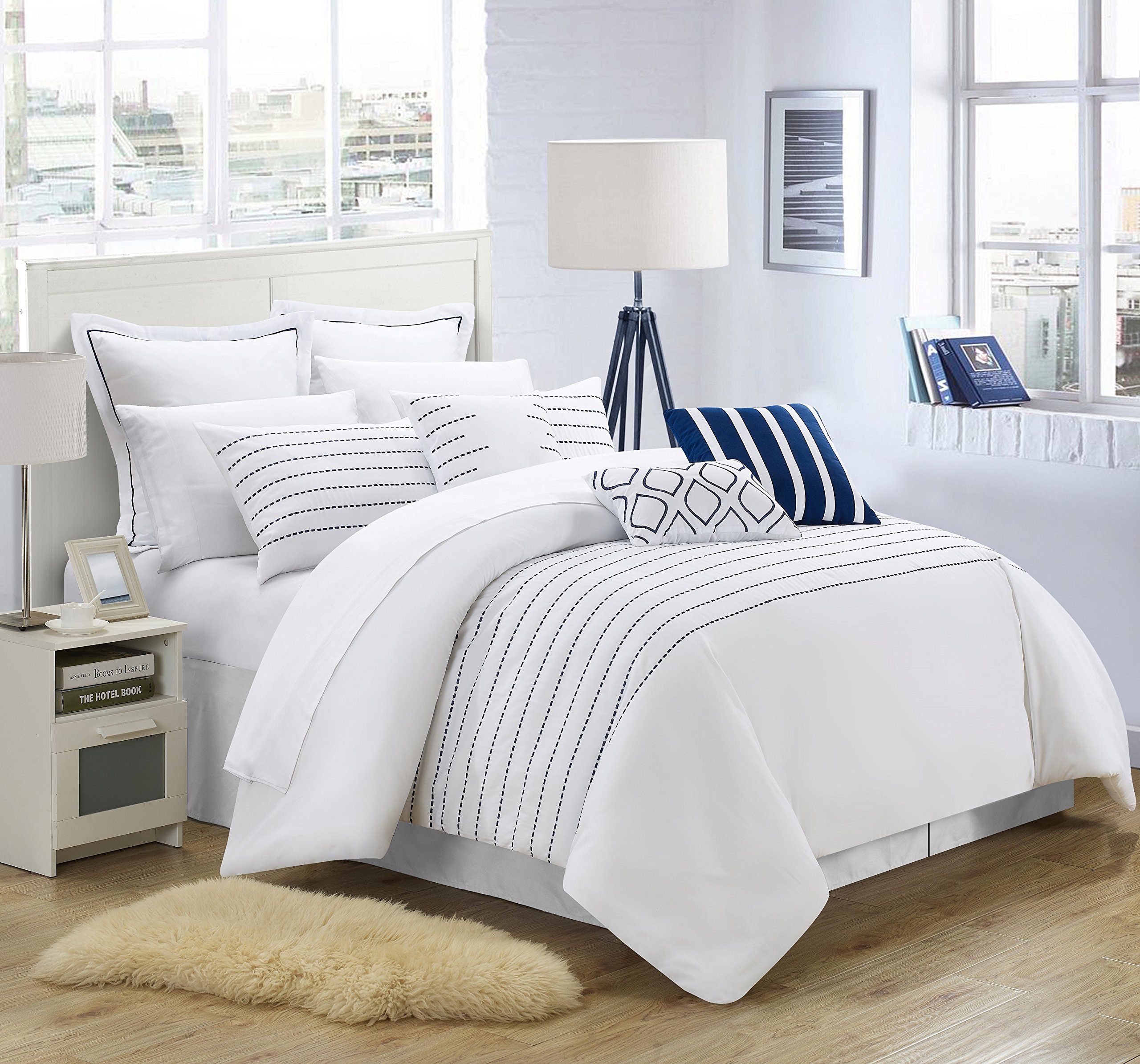 Chic Home Brenton 9-Piece Queen Size Comforter Set in White - Luxury Bedding for Master Bedroom, Guest Room & Dorm Decor