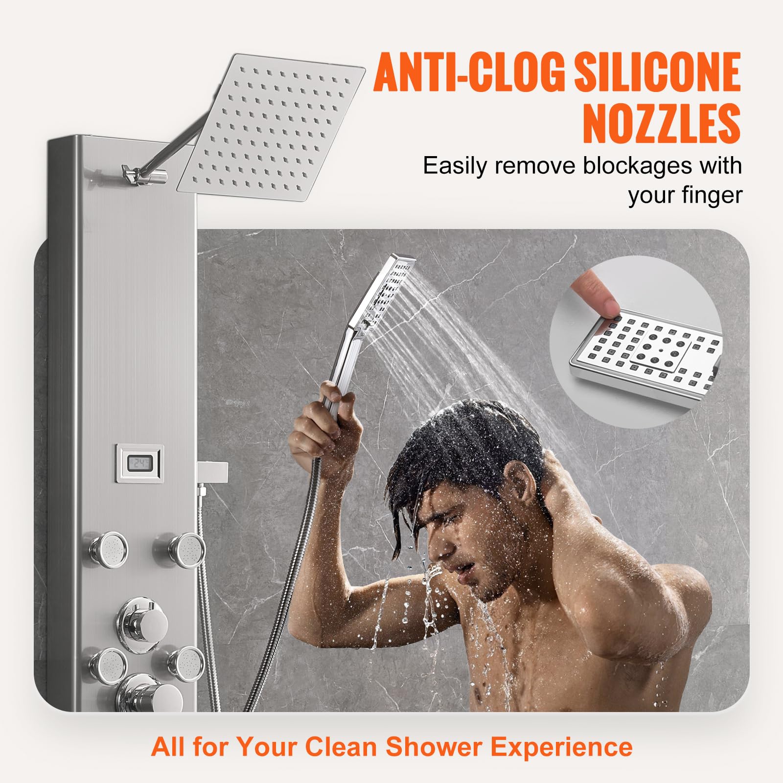 VEVOR Stainless Steel Shower Tower Panel with 5 Modes & Digital Display - Rainfall Shower, 8 Massage Jets, Tub Spout & 3-Setting Handheld Shower Head with 59