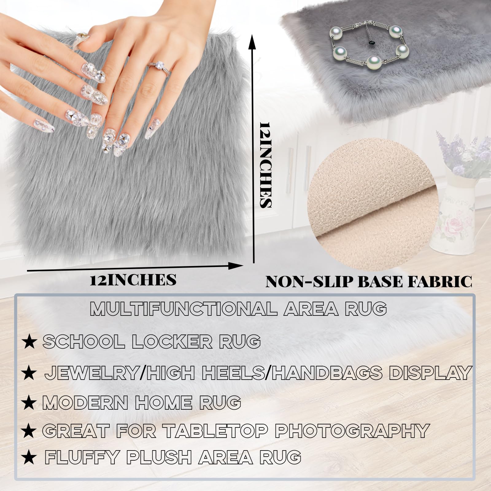 3-Pack 12x12 Inch Square Plush Locker Rugs - Soft Fluffy Non-Slip Mini Carpets for School Lockers, Dorm Decor, Jewelry Display & Nail Art Photography Backdrop (Beige) - Perfect for Teens, Students & DIY Projects