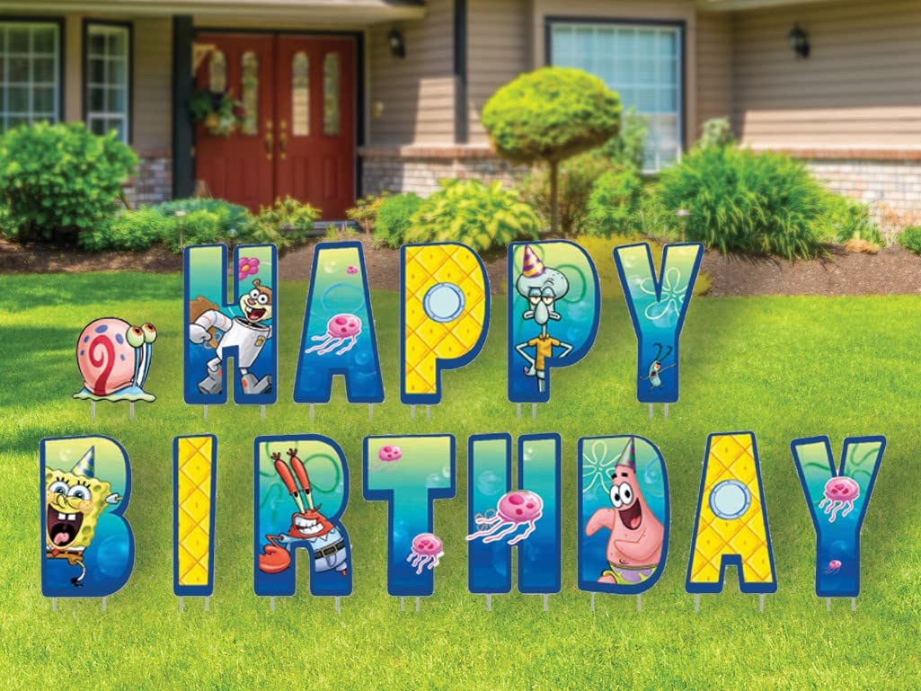 SpongeBob Happy Birthday Yard Signs with Metal Stakes - 16 Inch Large Outdoor Party Decorations for Birthday Celebrations, Backyard Parties & Special Events