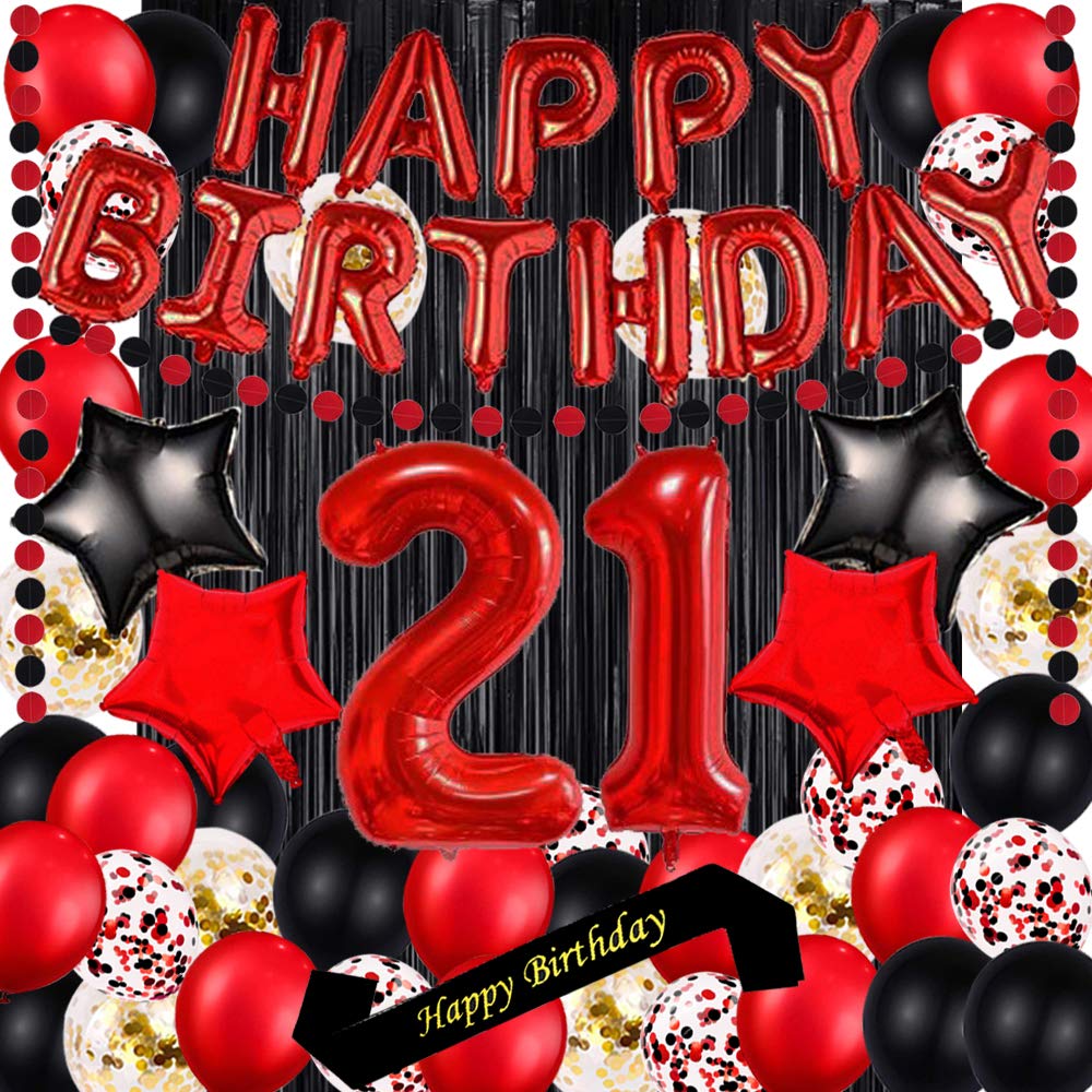 21st Birthday Party Decorations Kit - 16in Red Foil Balloons, Banner, Sash, Black Curtains & Number Balloons | Red Theme Birthday Supplies for Women & Men | Perfect for Milestone Celebrations, Photo Backdrops & Party Decor