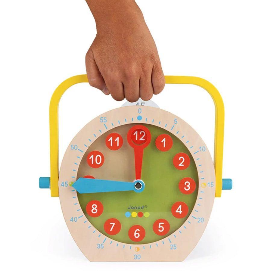 Janod Learn to Tell Time Wooden Clock Toy - Bilingual English & French Educational Montessori Toy for Kids - Perfect for Classroom, Homeschool & Preschool Learning Activities