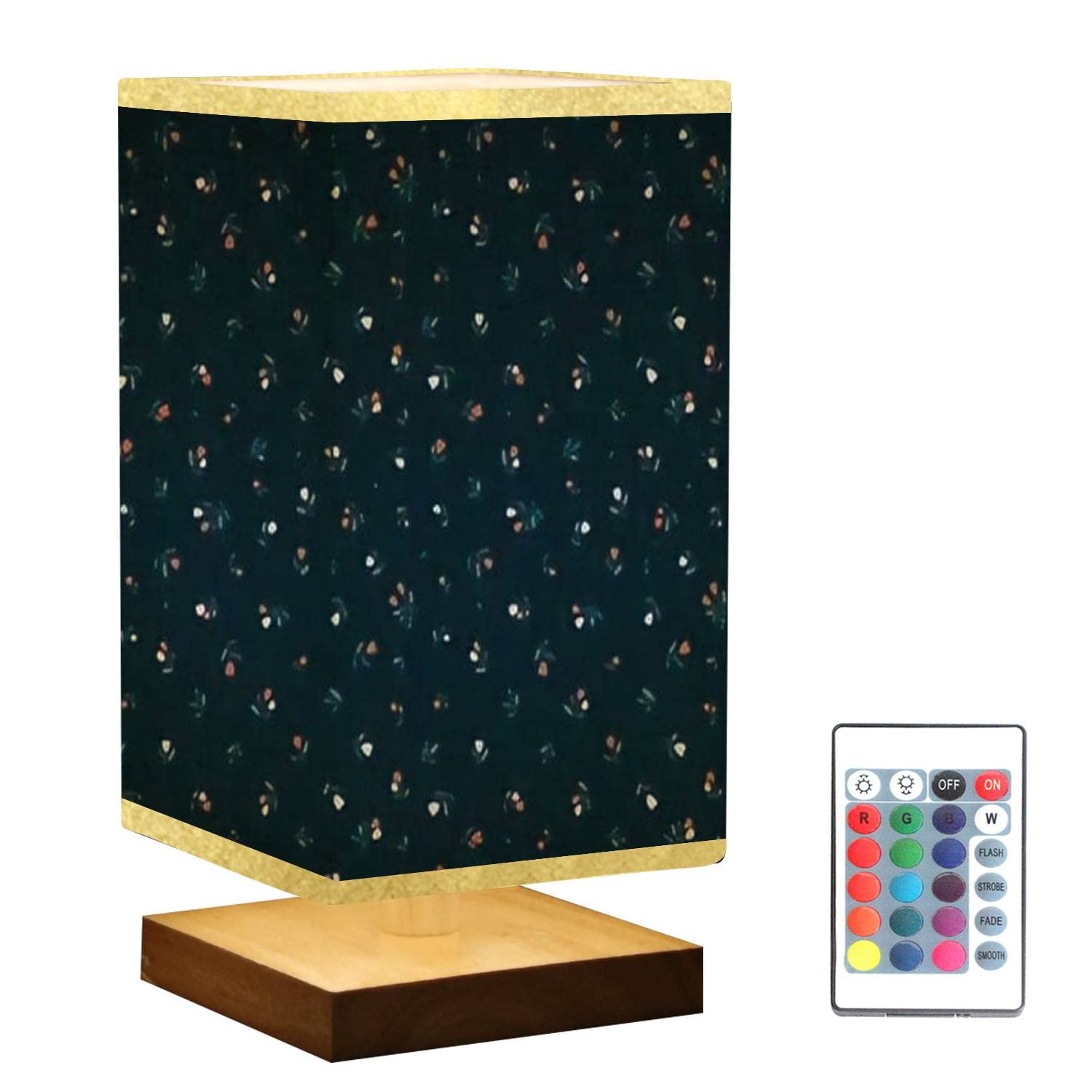 Square Bedside Table Lamp with Floral Design - Elegant Wooden Base & Flaxen Fabric Shade, Dimmable Nightstand Lamp for Bedroom, Living Room | Perfect for Reading, Relaxing & Home Decor
