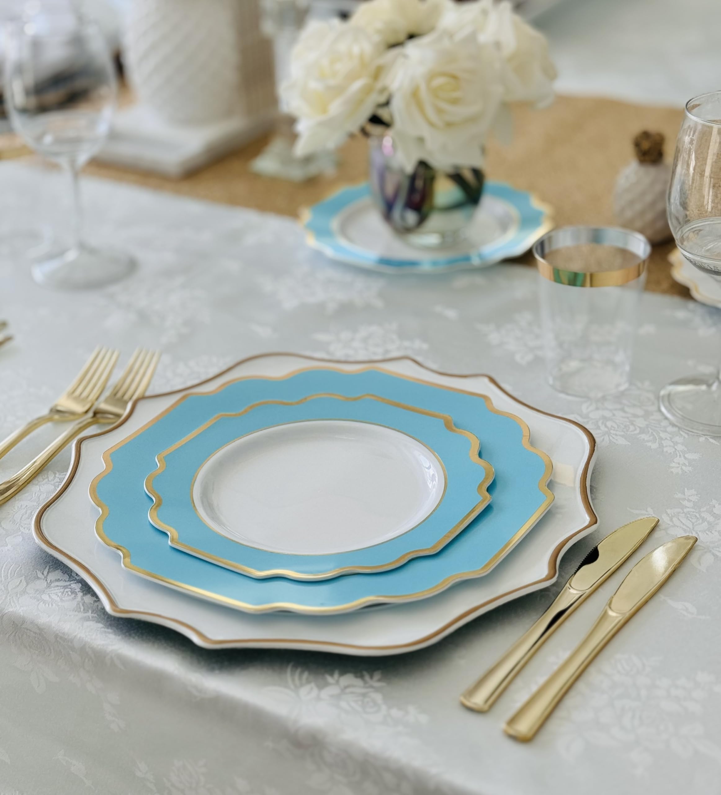 240-Pack Heavyweight Disposable Plastic Plates for Weddings & Parties - 8'' Appetizer/Dessert Plates in Imperial Aqua & Gold - Elegant Dinnerware for Bridal Showers, Baby Showers & Special Events