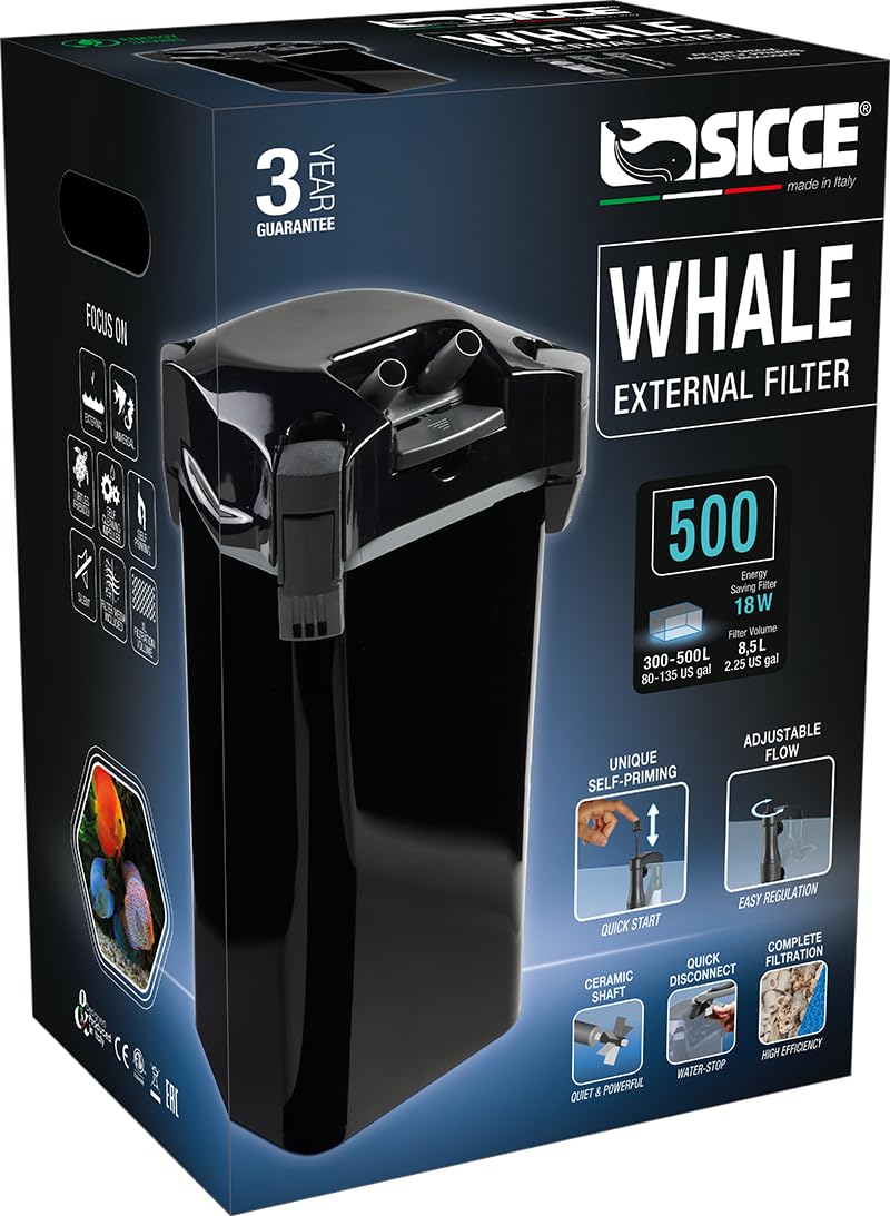 SICCE Whale 500 Aquarium Canister Filter 390 GPH - Ultra Quiet External Multi-Stage Filtration System for Freshwater & Saltwater Fish Tanks | Self Priming Quick Disconnect | Perfect for Home, Office & Large Aquarium Setups