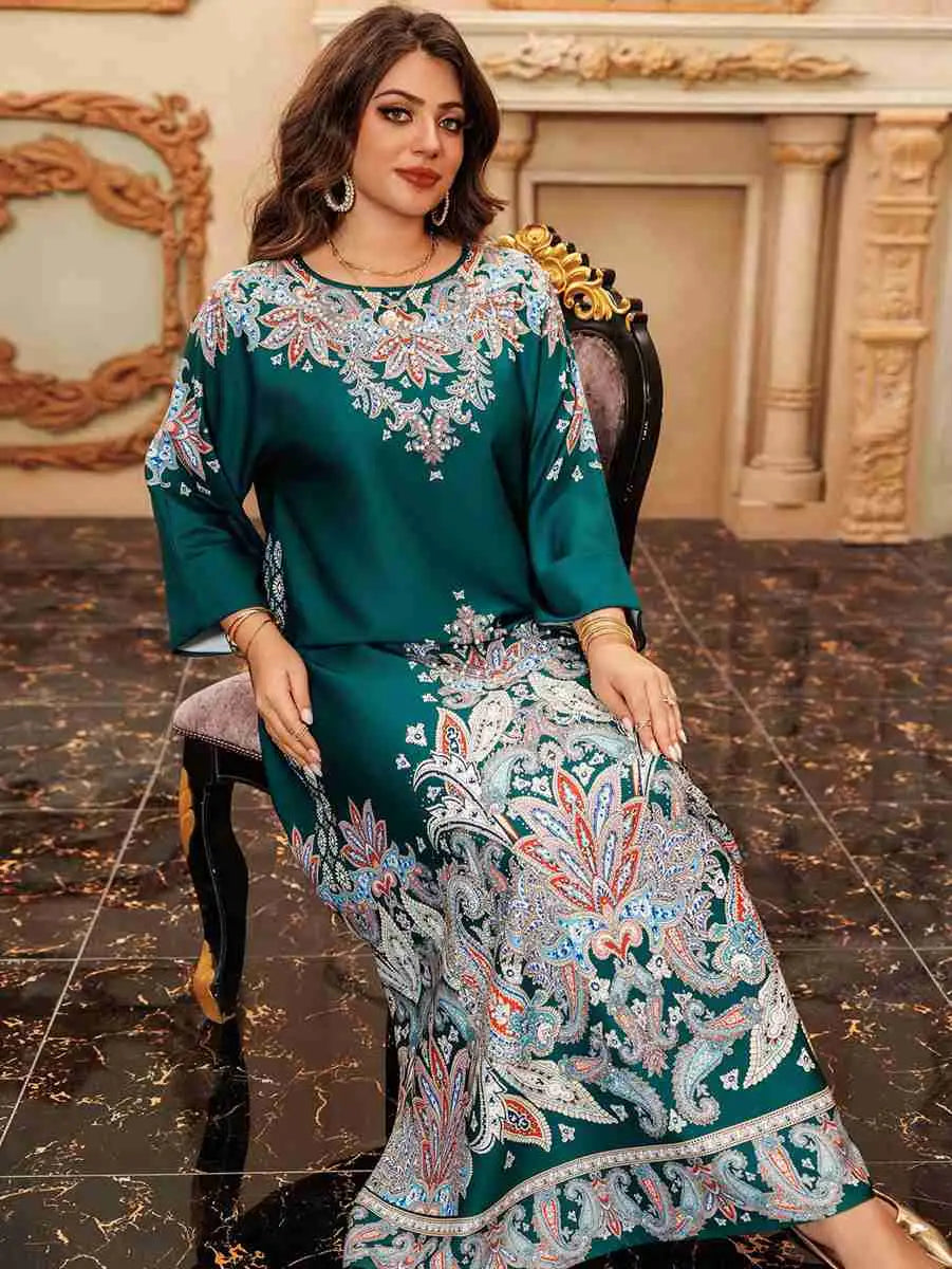 Elegant Hotfix Rhinestone Printed Caftan Kaftan Dress for Women - Perfect for Eid Celebrations, Weddings & Special Occasions
