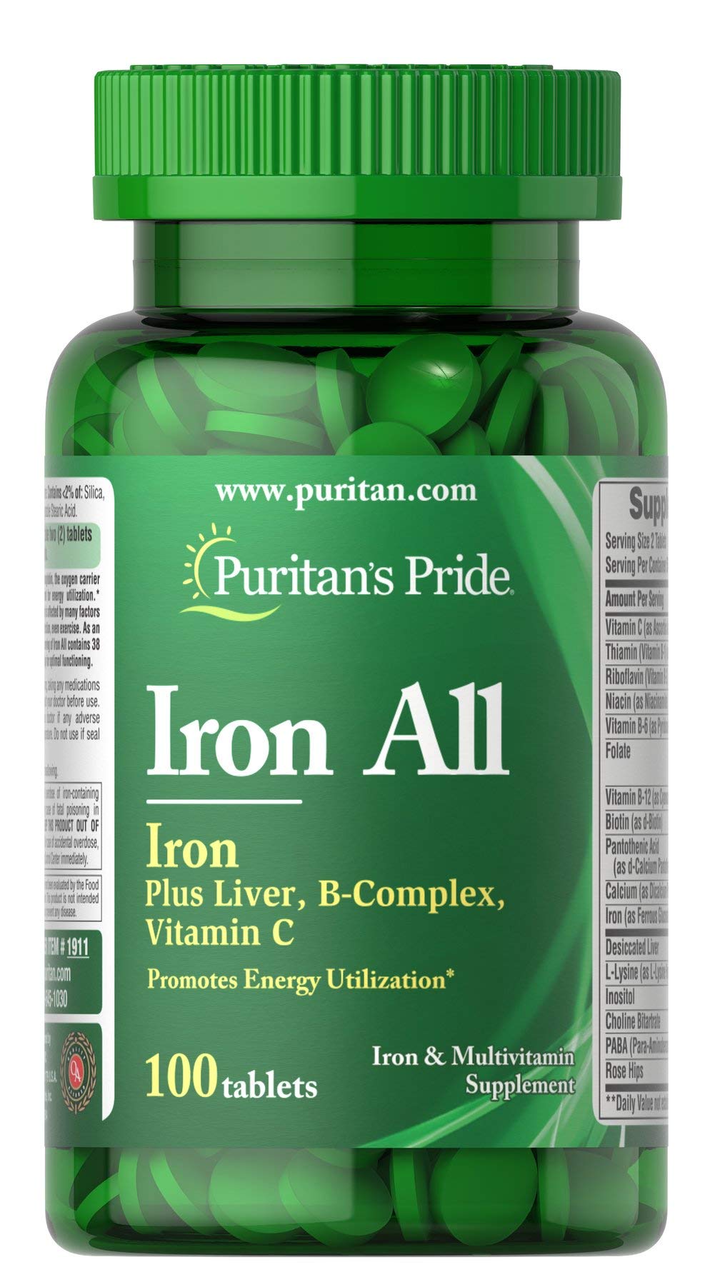 Puritan's Pride Iron Supplement - 100 Tablets for Energy & Vitality | Supports Healthy Blood & Immune System | Ideal for Active Lifestyles & Vegetarians