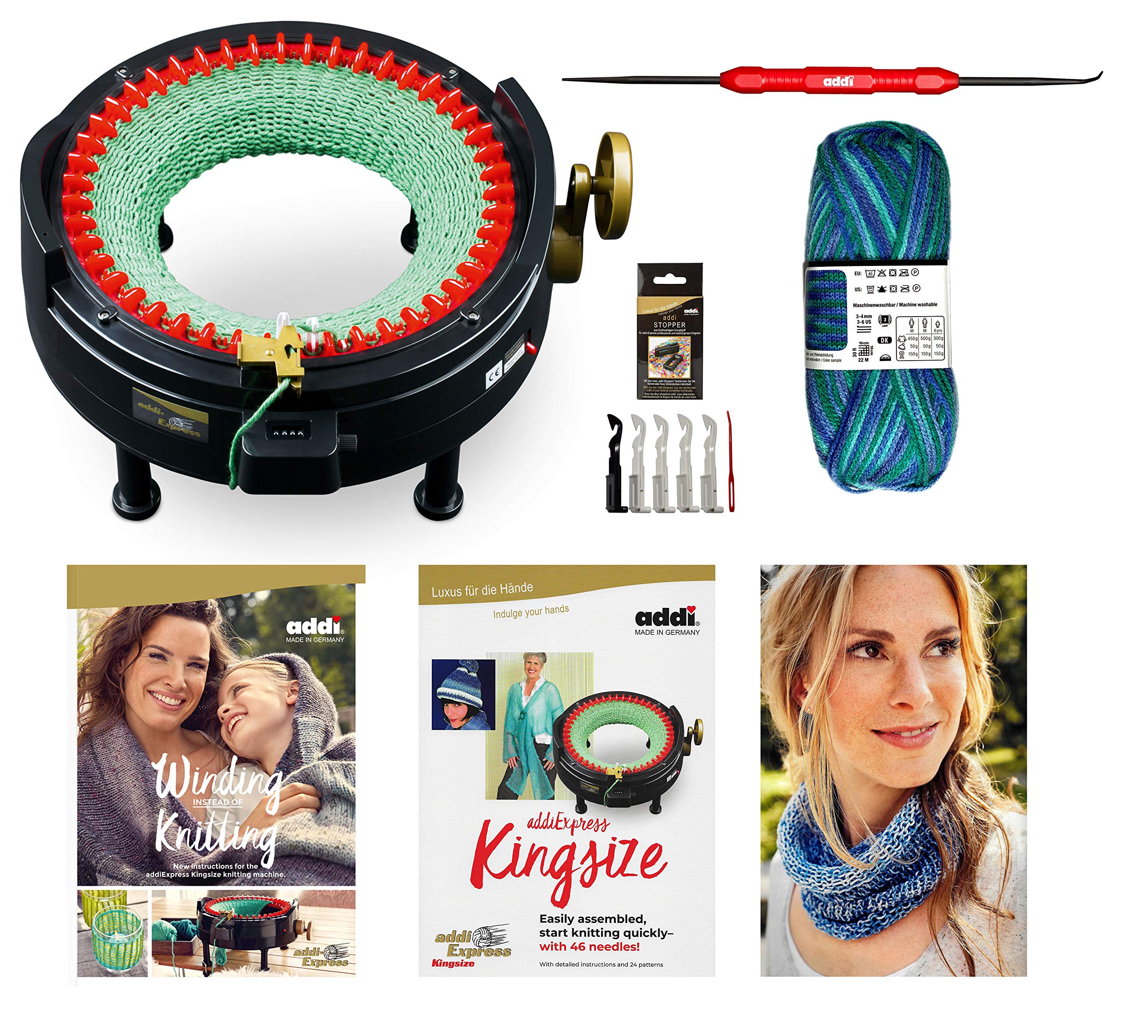 Addi Express Kingsize Extended Starter Kit - New Improved Version with Mechanical Row Counter, Knitting Machine, 2 Pattern Books, Hook, Replacement Needles & Yarn Stopper | Perfect for DIY Knitting Projects, Home Crafting & Gift Making
