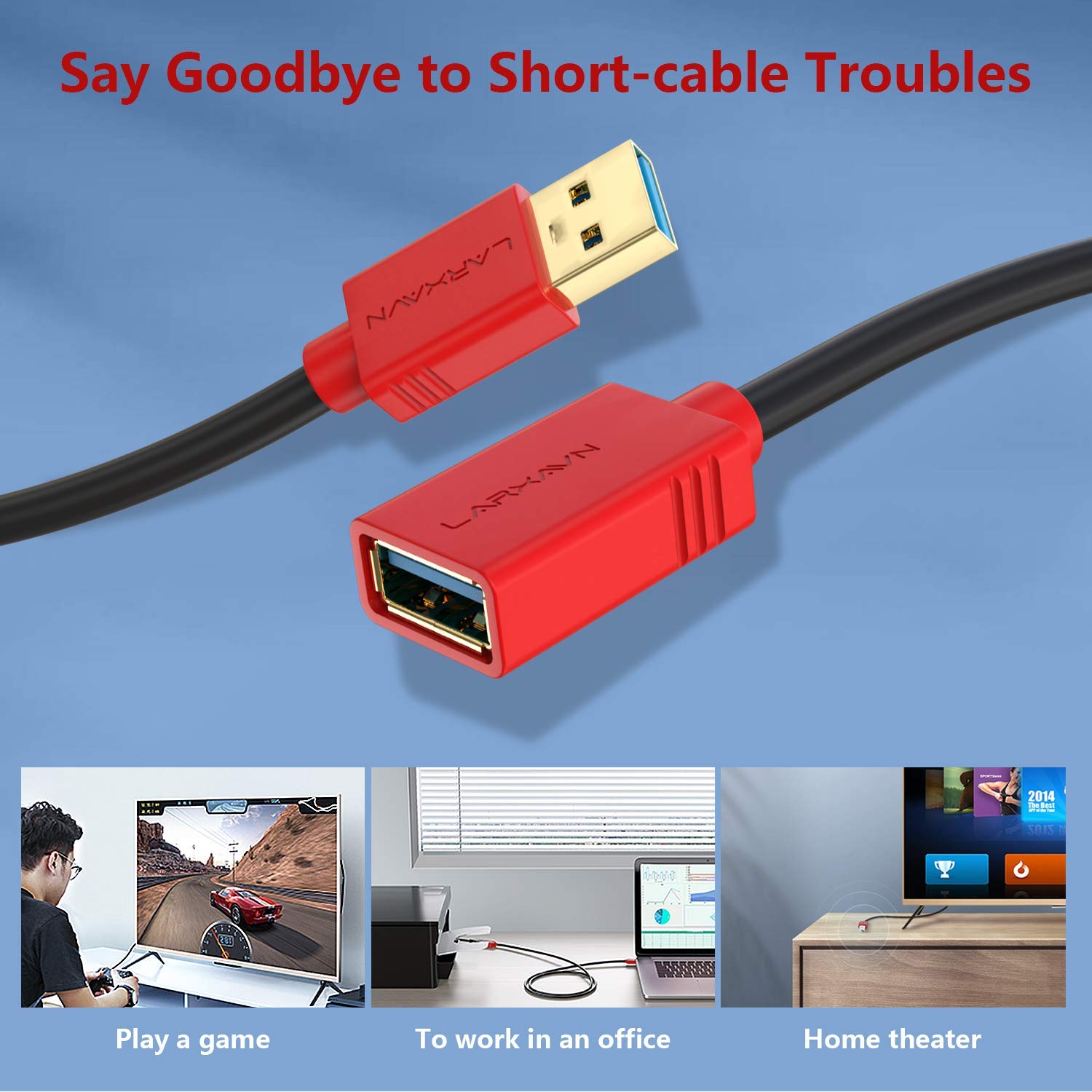 Larxavn USB 3.0 Extension Cable 2ft - Fast Data Transfer for Hard Drive, Keyboard & More