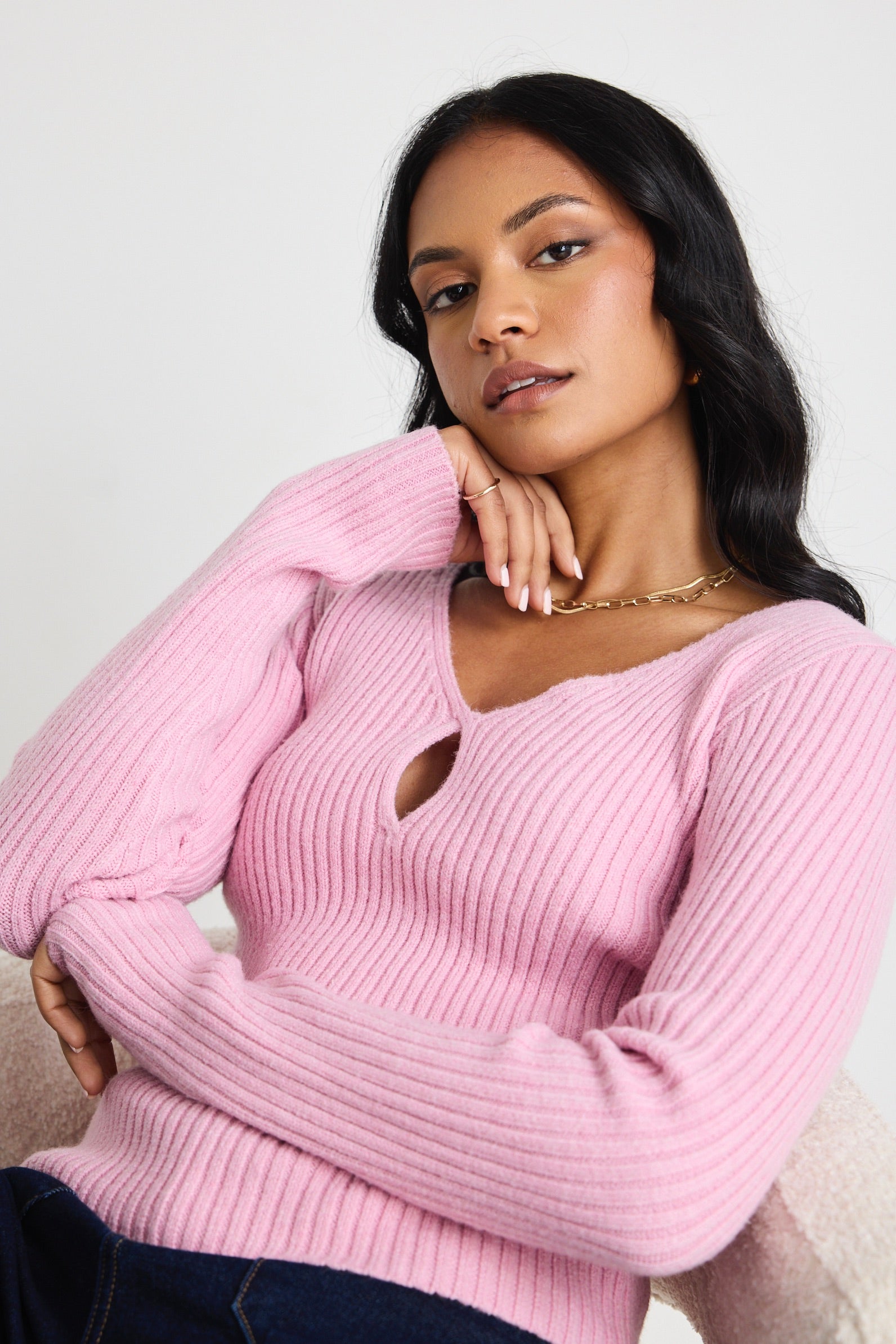 Apollo Candyfloss Long Sleeve Rib Knit Split Front Top for Women - Soft & Stylish Casual Wear for Fall & Winter