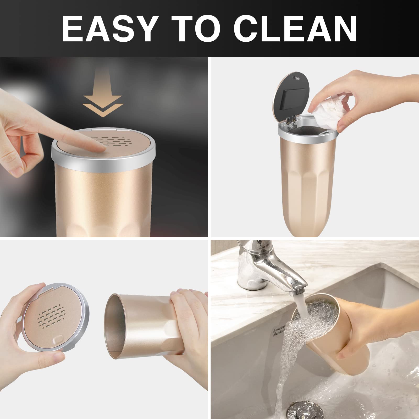 2PCS Car Trash Can with Lid - Leakproof Cup Holder Garbage Bin with 3 Fragrance Tablets, Press to Open Auto Trash Can for Vehicle, Home, Office & Travel - Perfect for Road Trips, Commuting & Daily Use (Gold)
