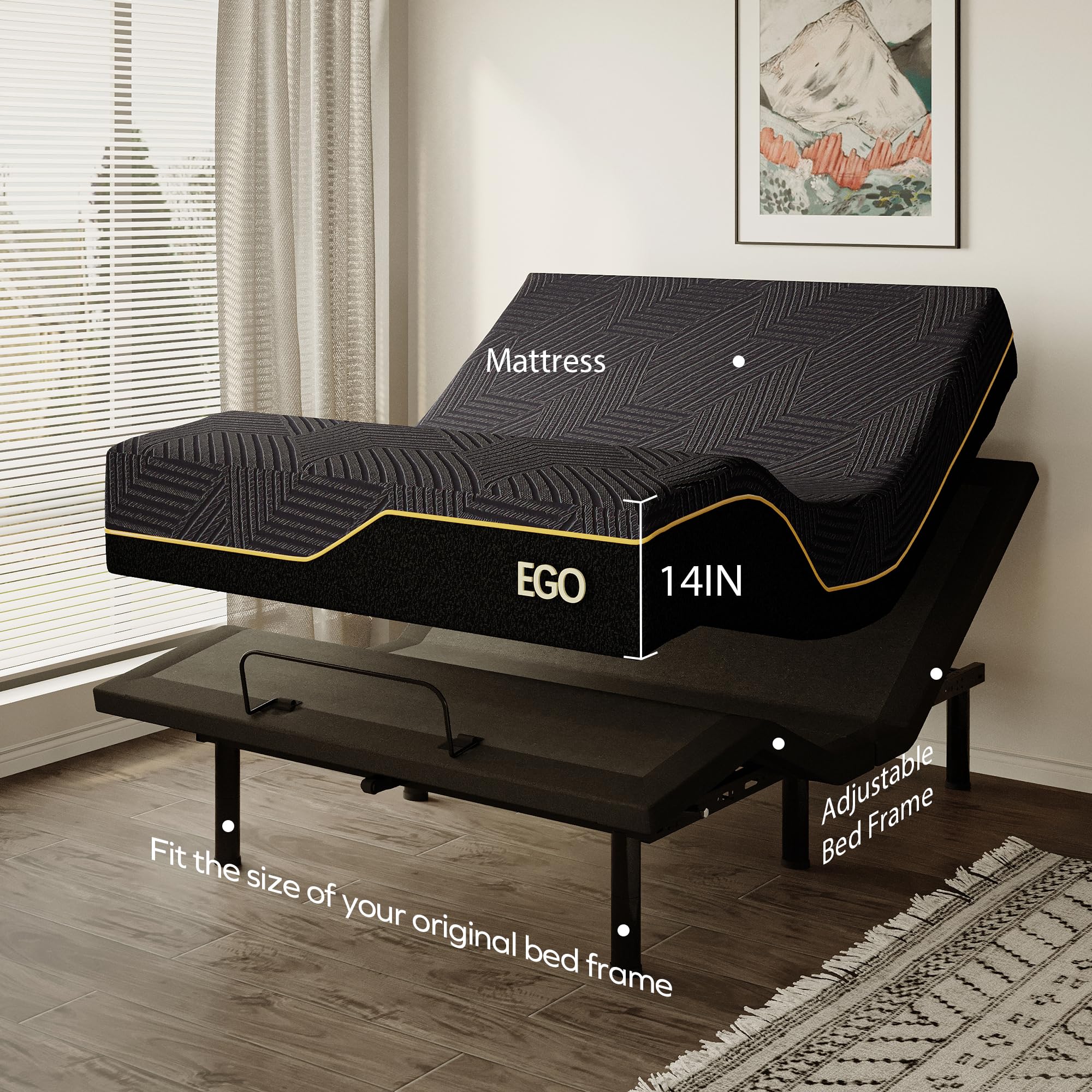 EGOHOME Queen Size Adjustable Bed Base with 14