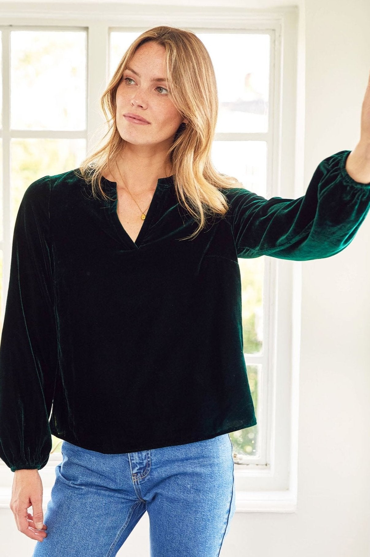 Faye Velvet Blouse for Women - Elegant Emerald Green Long Sleeve Blouse | Perfect for Office Wear, Date Night & Special Occasions