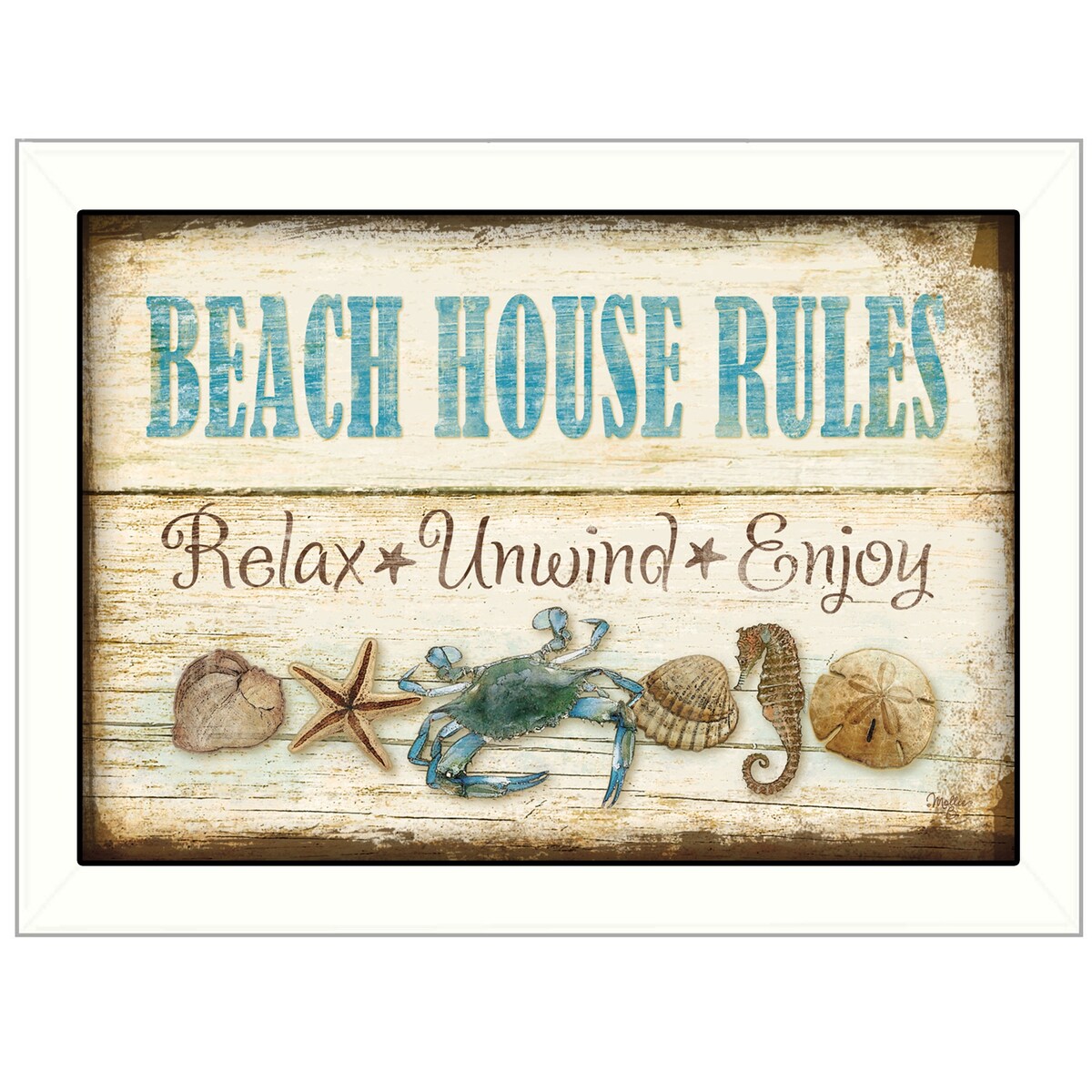 Beach House Rules By Mollie B. - Ready to Hang Framed Coastal Wall Art with White Frame - Perfect for Beach House Decor, Living Room, Bedroom & Office