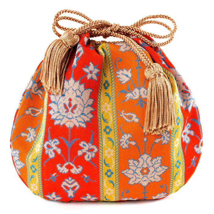 Nishijin Woven Small Drawstring Bag - Floral Design Handmade in Kyoto Japan | Japanese Traditional Craft Purse for Coins, Jewelry & Gift Giving