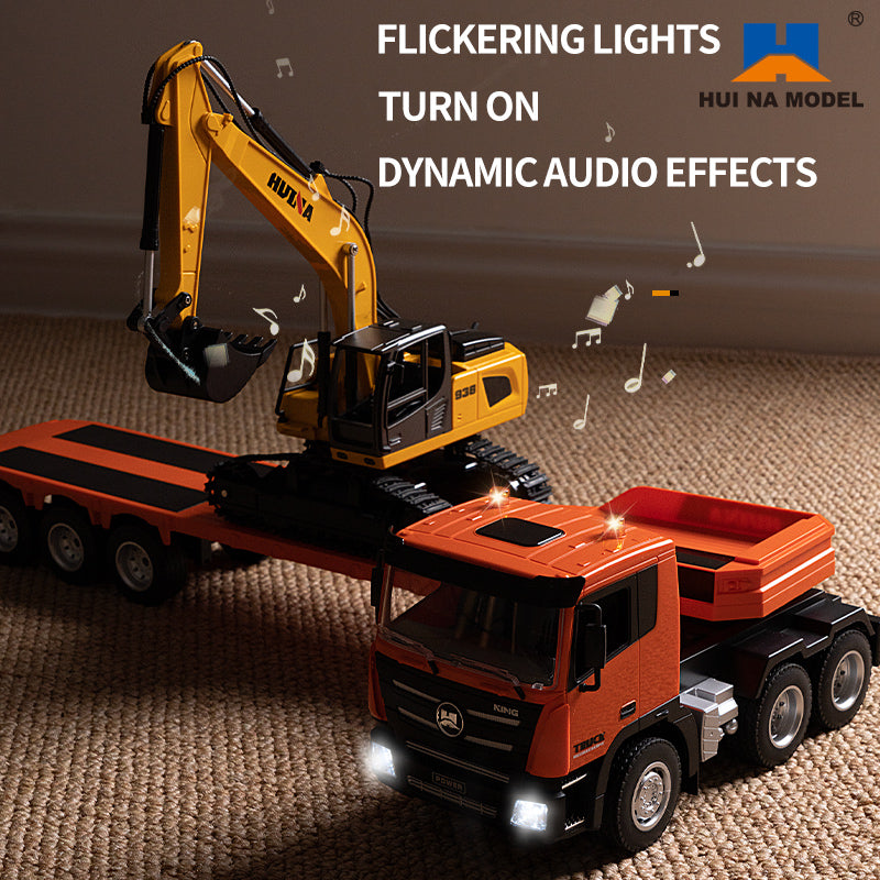 1:18 Huina 2.4G 1319 RC Tractor Truck with Remote Control - RTR Excavator & Flatbed Trailer - Ready to Play - Perfect for Construction Play, Kids Gifts & RC Hobbyists