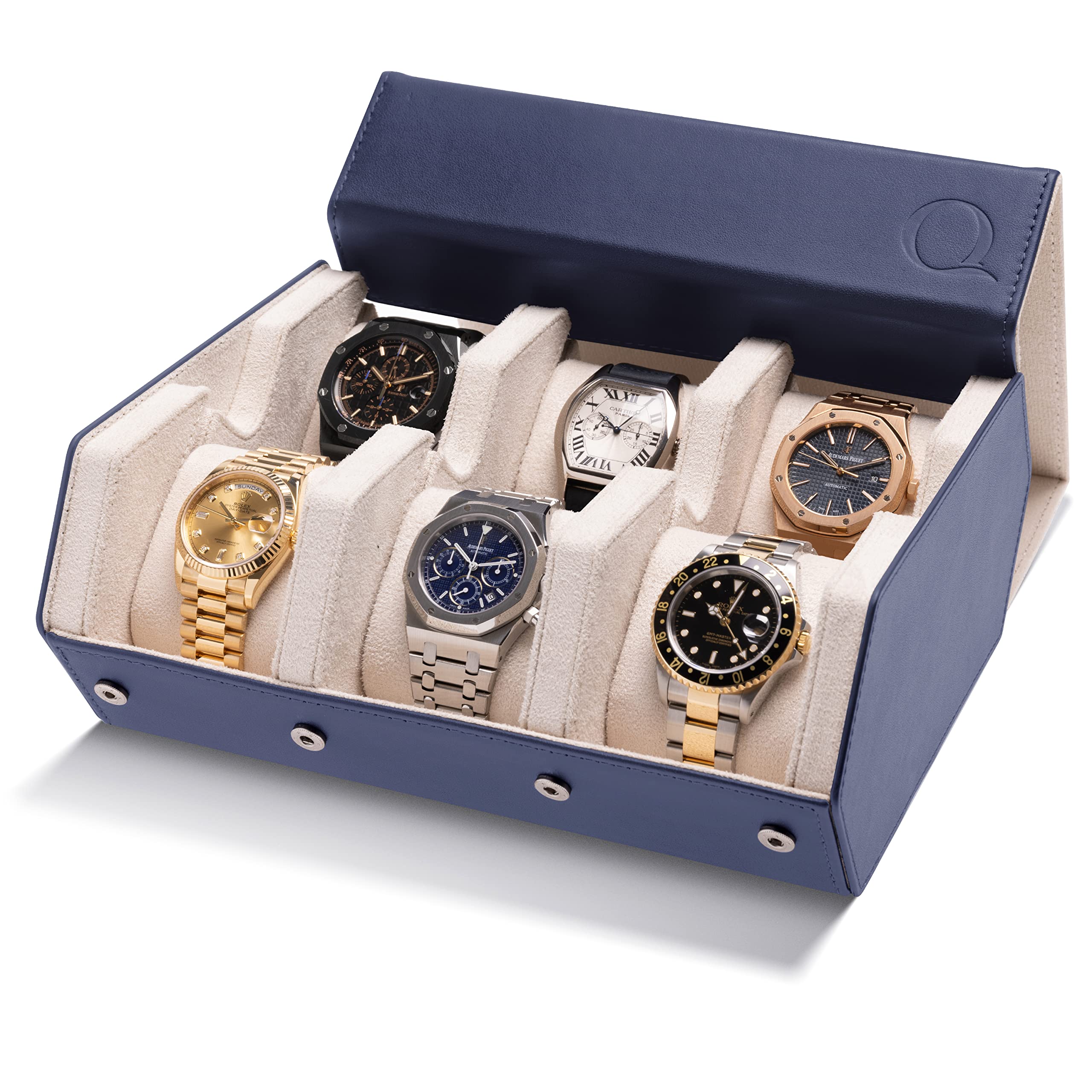 Premium Napa Leather Watch Case for Men - 6 Slot Luxury Watch Roll Organizer & Display Box - Travel & Home Storage for Watches - Elegant Blue Cream Watch Holder for Collectors & Enthusiasts - Perfect for Gifts, Travel, and Watch Collection Display
