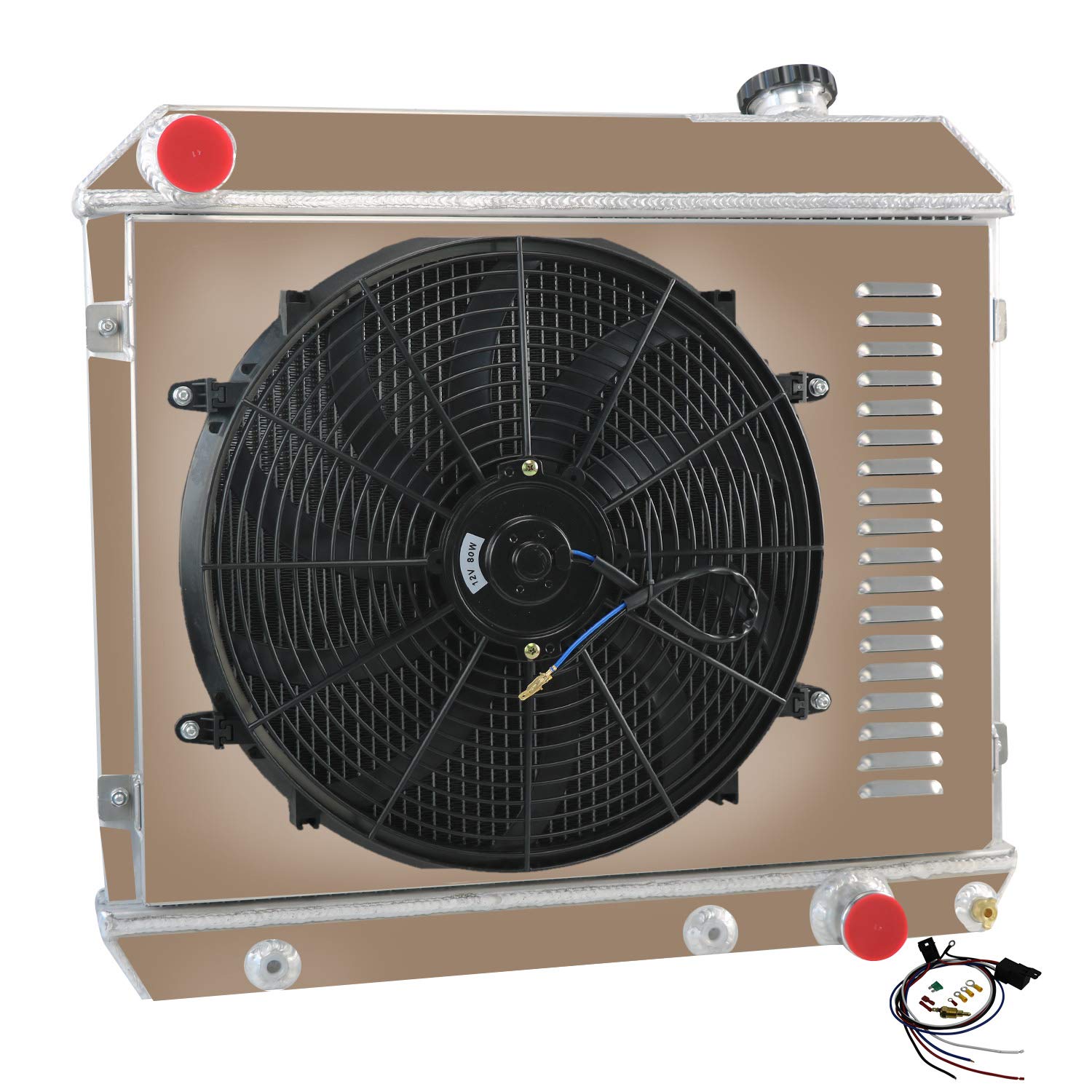 4 Row Aluminum Radiator with Fan Shroud & Relay Kit - Compatible with 1961-1966 Chevy C10 C20 C30 K10 K20 Pickup, Suburban, GMC & Pontiac Catalina - High-Performance Cooling for Classic Trucks & Restoration Projects