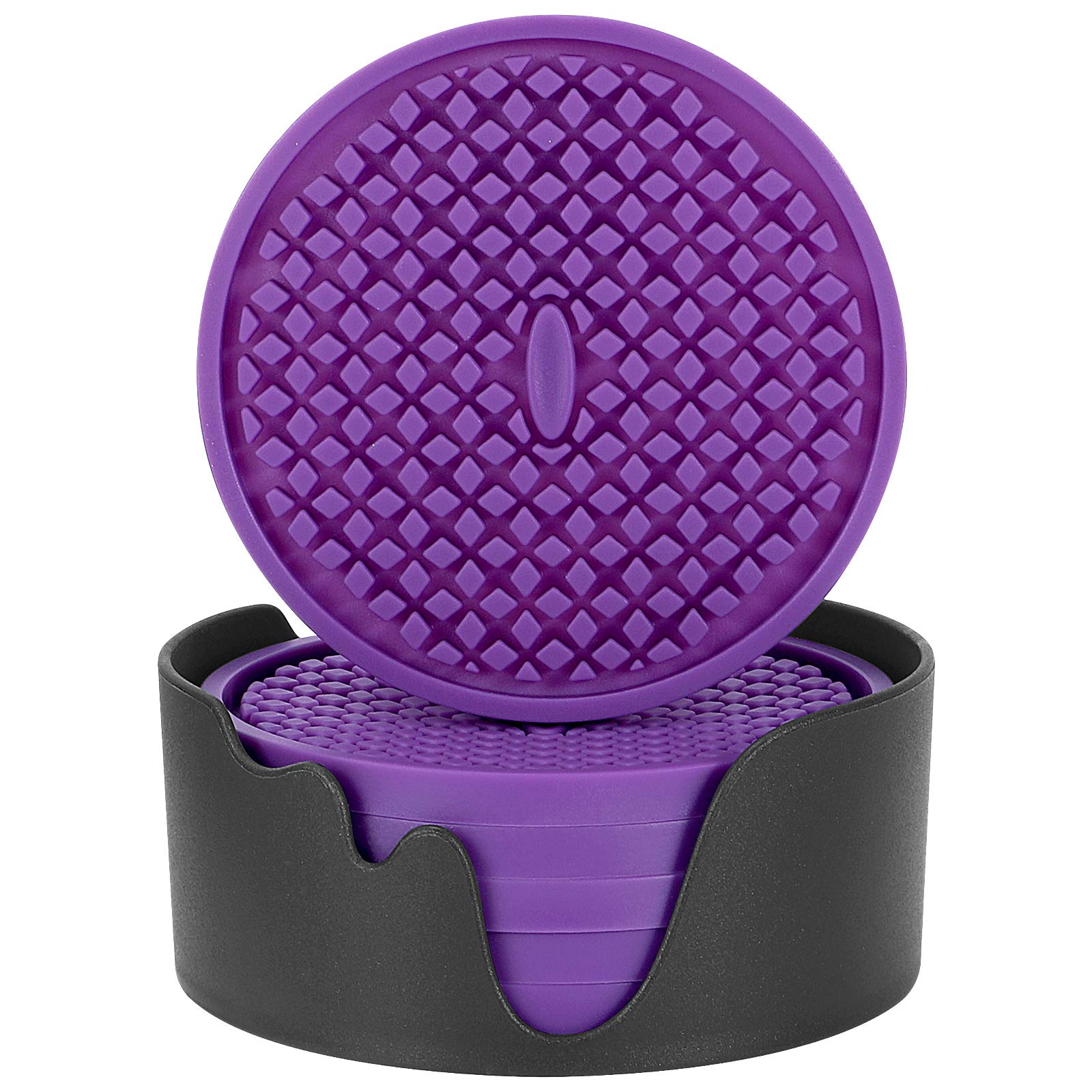 ME.FAN 6-Pack Thickened Silicone Coasters with Holder - Non-Slip, Non-Stick Cup Mats for Drinks - Deep Tray Design Protects Furniture & Tabletops (Deep Purple) - Perfect for Coffee Tables, Dining Tables, and Office Desks