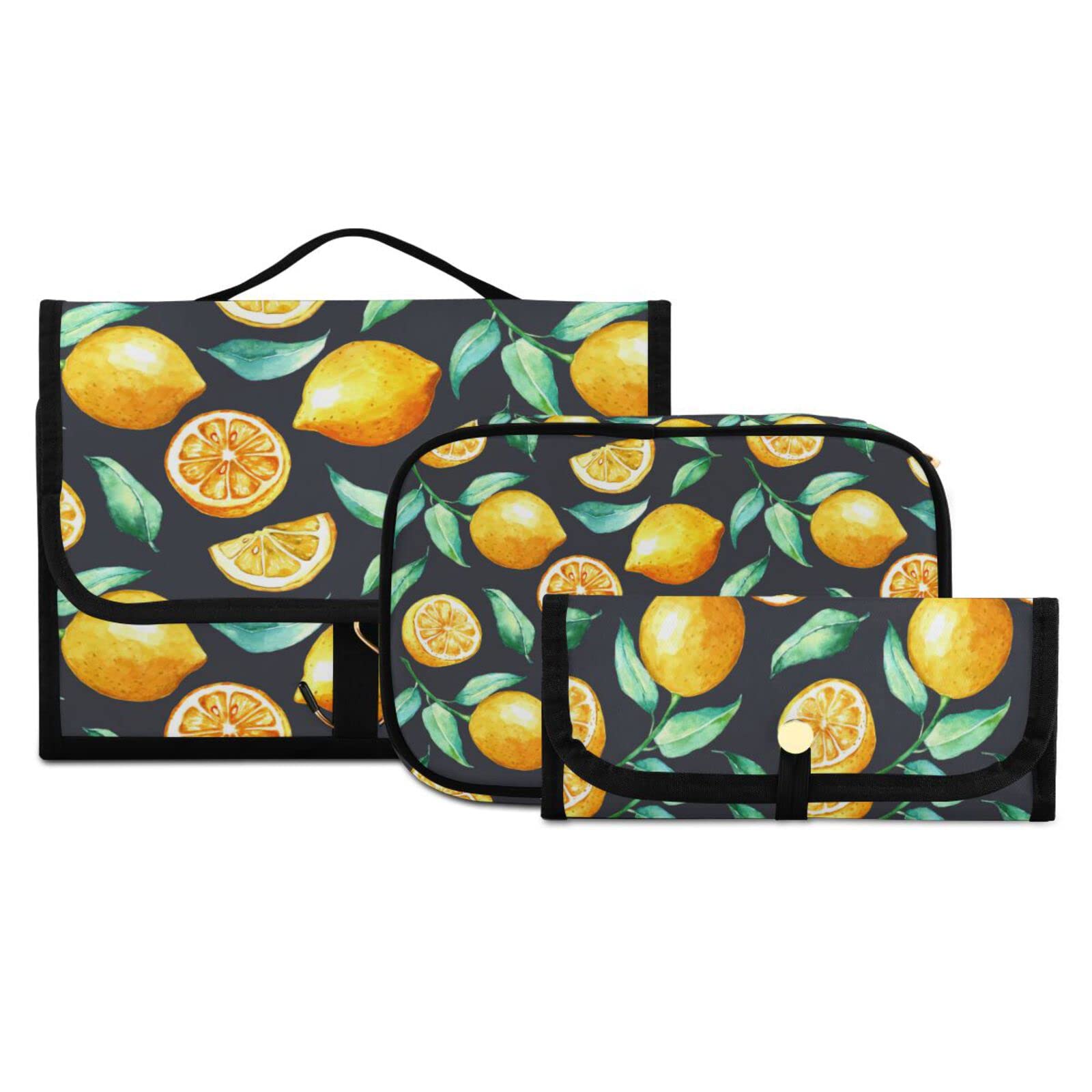 Susiyo Watercolor Lemons Toiletry Bag Set of 3 - Portable Travel Cosmetic Case & Makeup Brush Organizer for Women and Girls - Perfect for Vacation, Gym, and Daily Essentials Storage