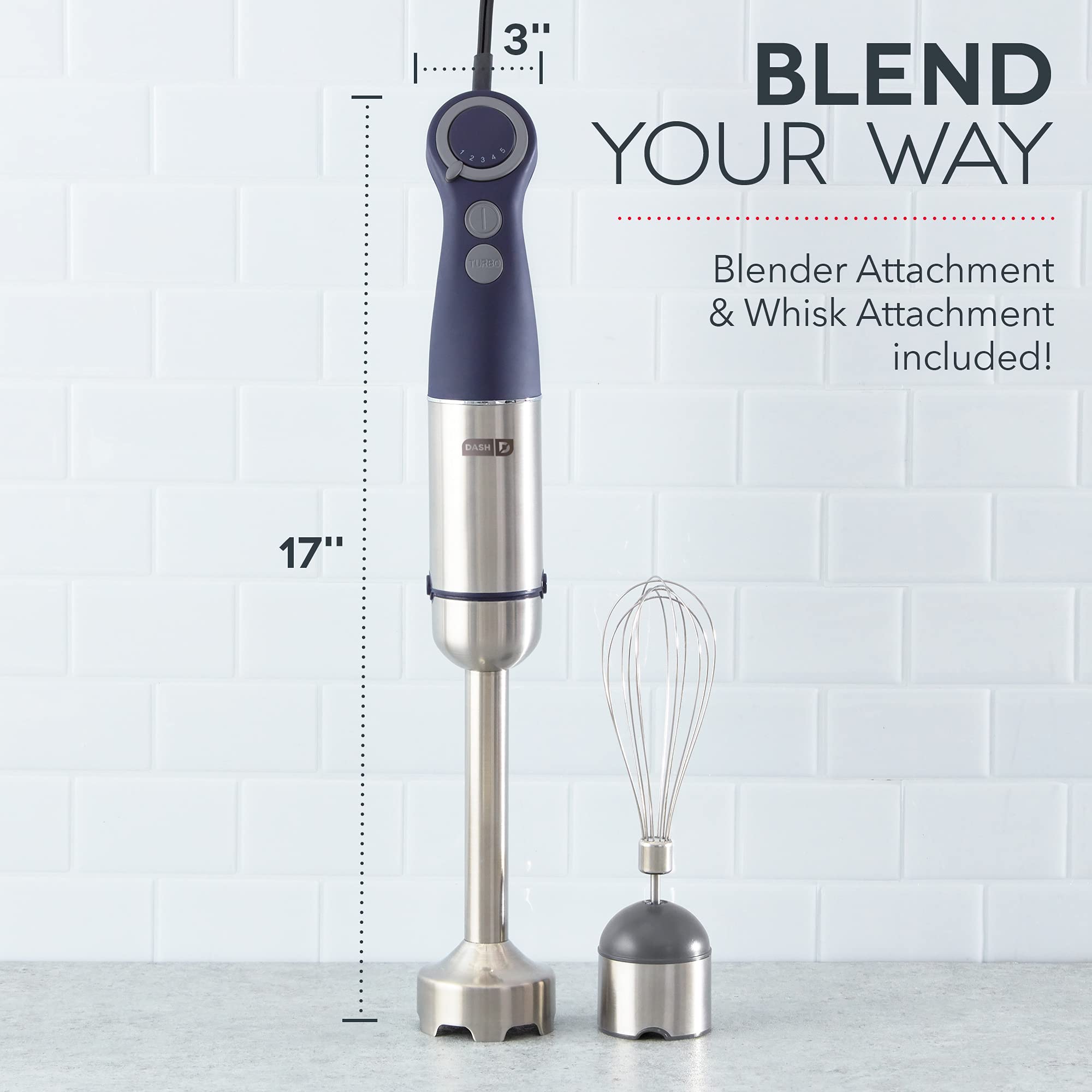 Dash Chef Series 5-Speed Immersion Hand Blender with Stainless Steel Blades - Includes Whisk Attachment & Recipe Guide - Perfect for Smoothies, Soups & Baking (Midnight)