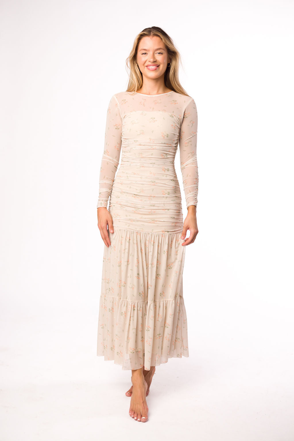 Camille Mesh Gathered Side Seam Maxi Dress in Nude Multi Floral - Bump Friendly Maternity Dress for Pregnancy, Nursing & Special Occasions | Perfect for Baby Showers, Weddings & Summer Vacations