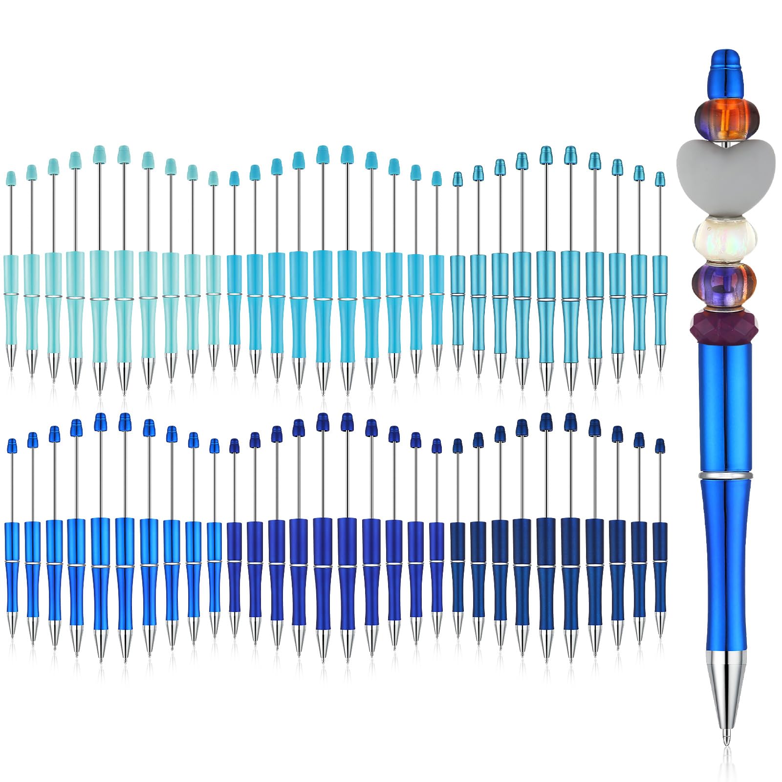 Kosiz 60-Pack Plastic Beaded Ballpoint Pens with Black Ink - Fun Beadable Pens for Kids, Students, Office & School Supplies (Blue Series, Simple Design) - Perfect for DIY Crafts, Classroom Rewards & Party Favors