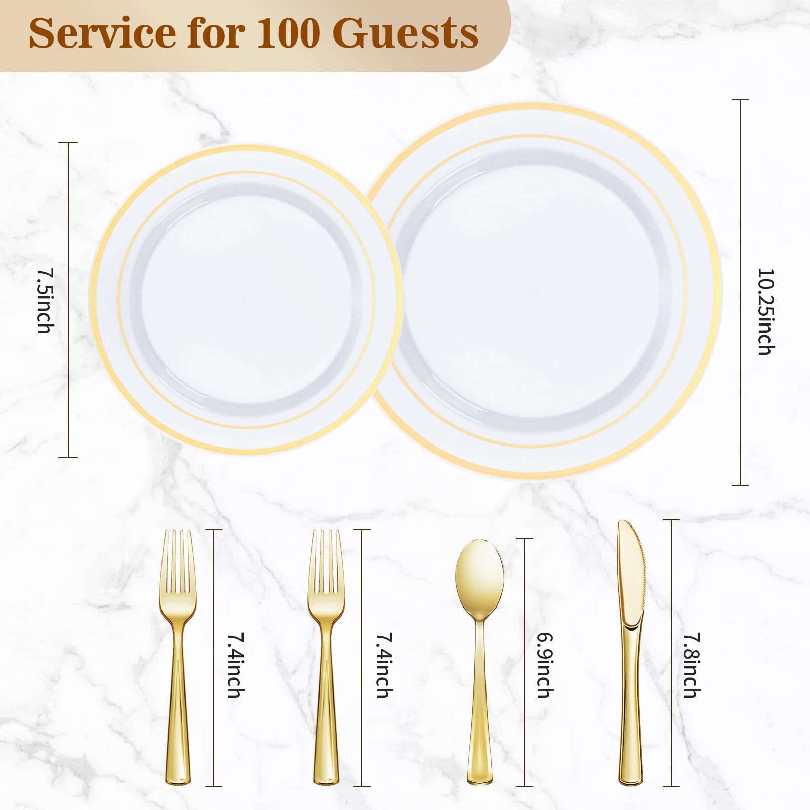 600-Piece Elegant Gold Plastic Plate Set for 100 Guests - Disposable Dinnerware for Weddings, Parties & Birthdays - Includes 200 Plates, 200 Forks, 100 Spoons & 100 Knives - Perfect for Elegant Events, Catering & Special Occasions
