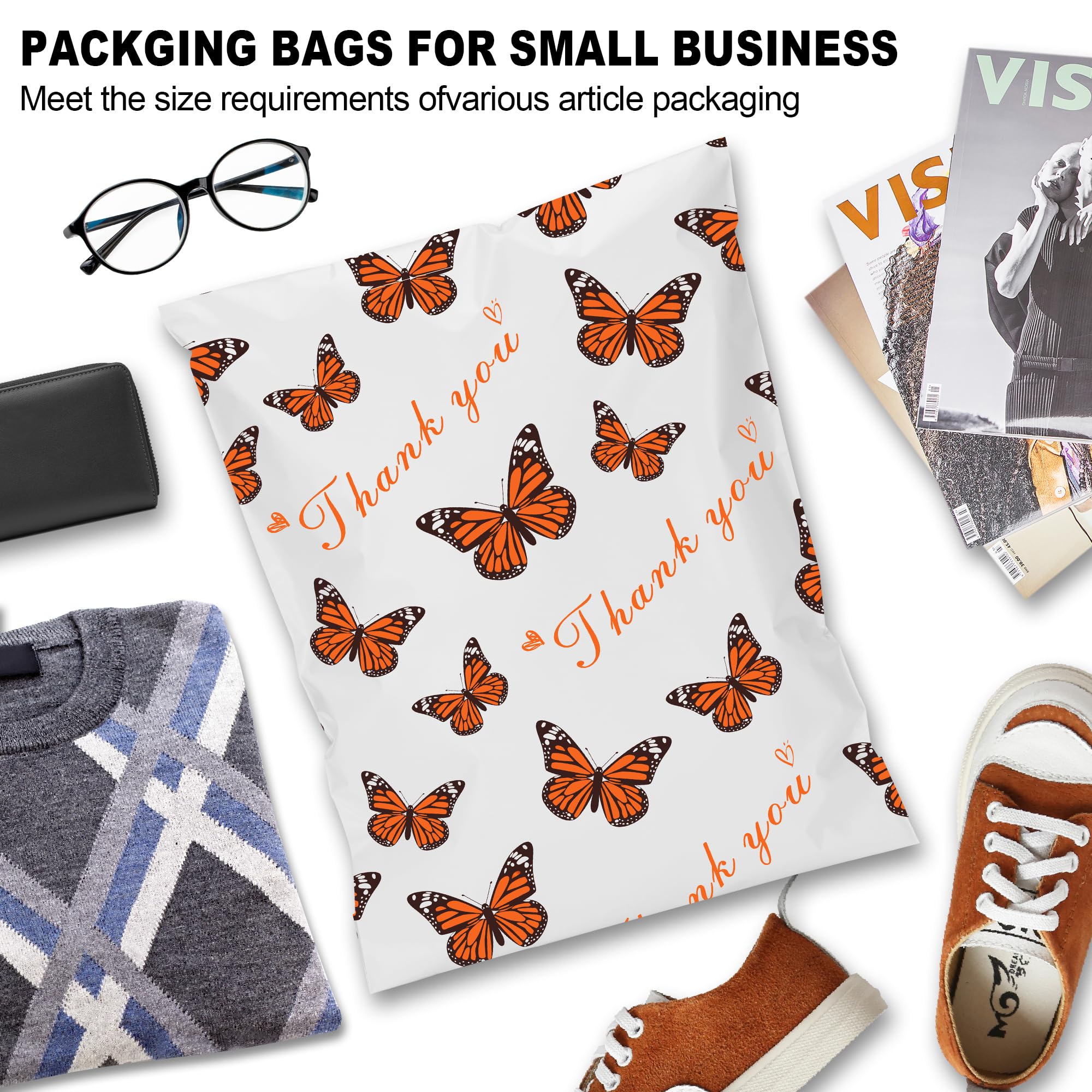 JinRuiKJ 100 Pack 10x13 Thank You Poly Mailer Bags - Strong Self-Adhesive Shipping Envelopes for Ecommerce, Small Business Packaging - Butterfly Printed Mailing Pouches - Perfect for Online Stores, Subscription Boxes & Gift Wrapping